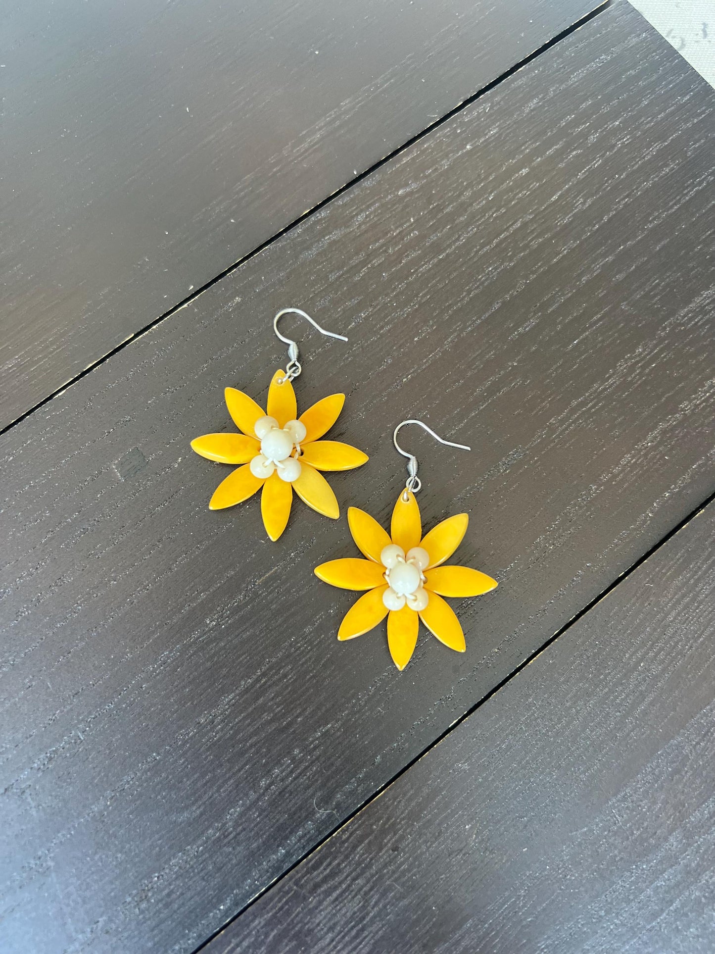 Yellow flower beaded earrings Tagua earrings Big statement earrings Handmade earrings Artsy gifts Fall fashion Cruise wear Wearable art