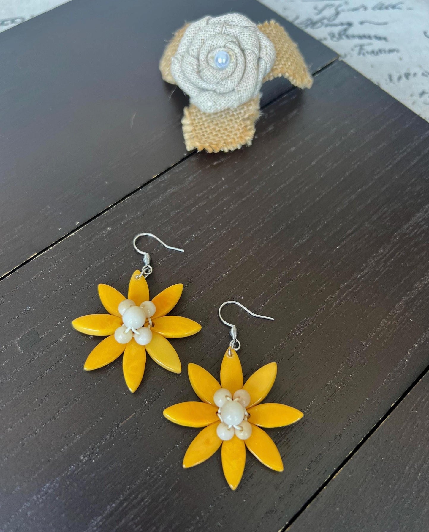 Yellow flower beaded earrings Tagua earrings Big statement earrings Handmade earrings Artsy gifts Summer fashion Cruise wear Wearable art