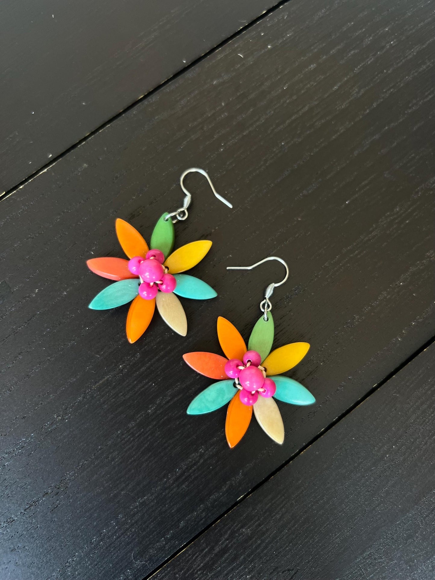 Rainbow flower beaded earrings Tagua earrings Big statement earrings Handmade earrings Artsy gifts Multi color hypoallergenic earrings