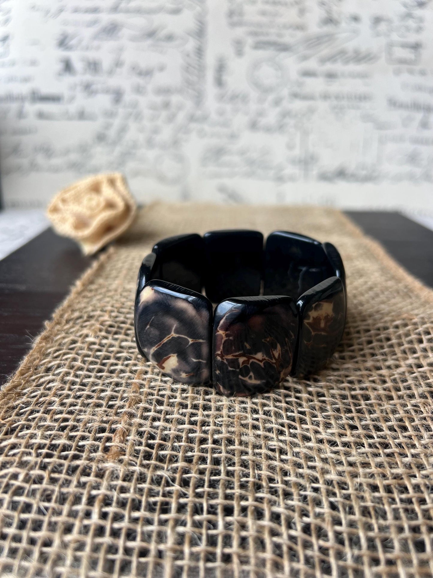 Black statement bracelet Tagua bracelet Eco friendly fashion Geometric bracelets Sustainable jewelry Elastic stretch bangle Fall trends