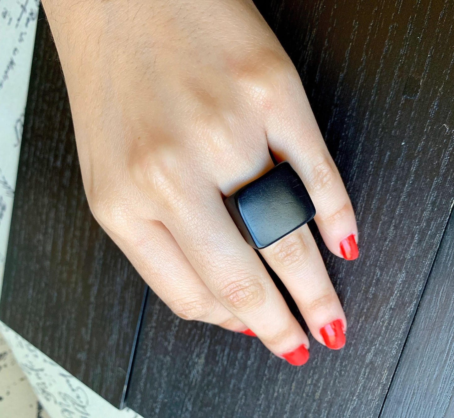 Black statement ring Tagua jewelry Unusual fashion jewelry Summer style Big bold cocktail ring Anniversary gift women Huge oversized ring