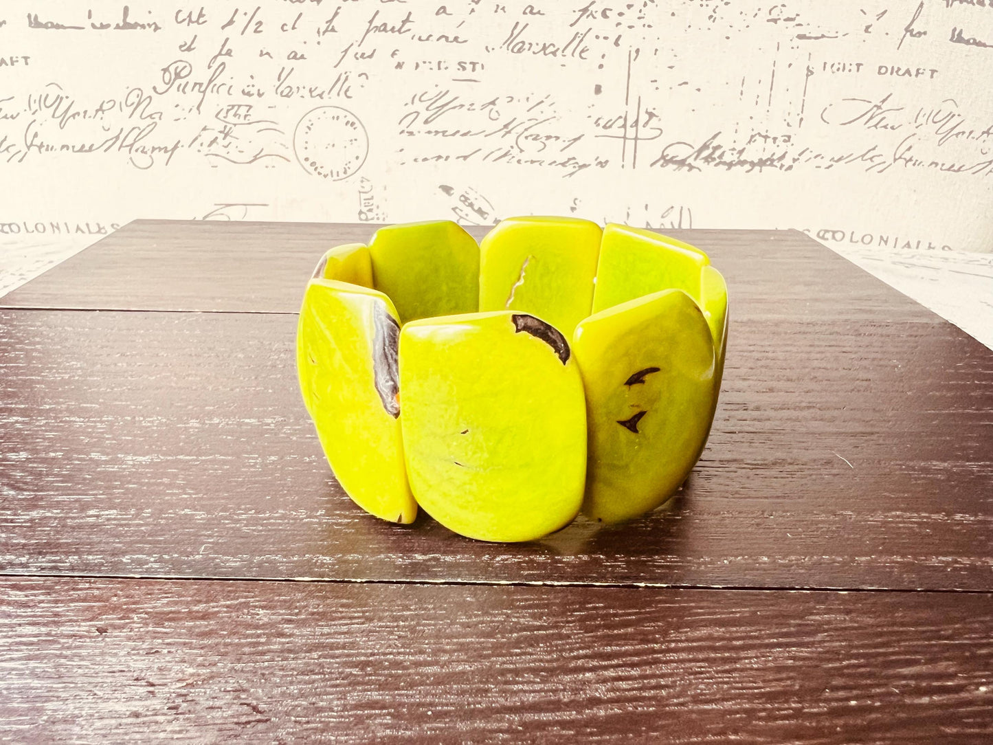 Lemon green beaded bracelet Tagua jewelry Fall fashion Big bold beads bangle Elastic stretch bracelet Art to wear Artsy gift Cruise wear