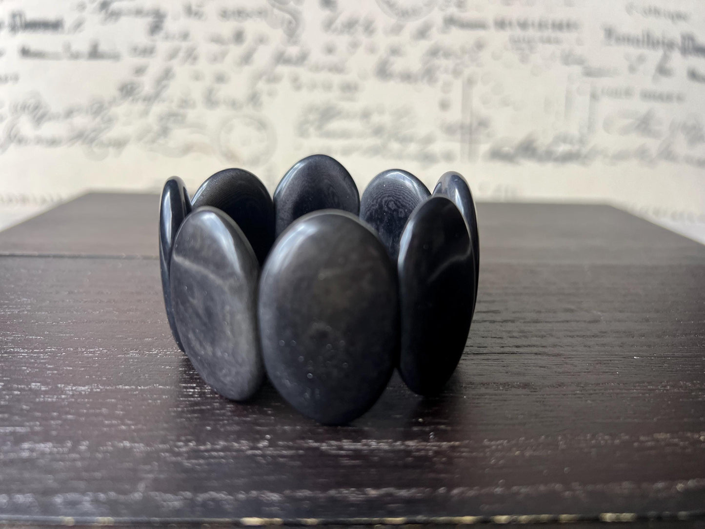 Dark gray geometric bracelet Big oval square beads Tagua nut jewelry Beaded stretch bracelets for women Wide cuff bracelet Fall fashion