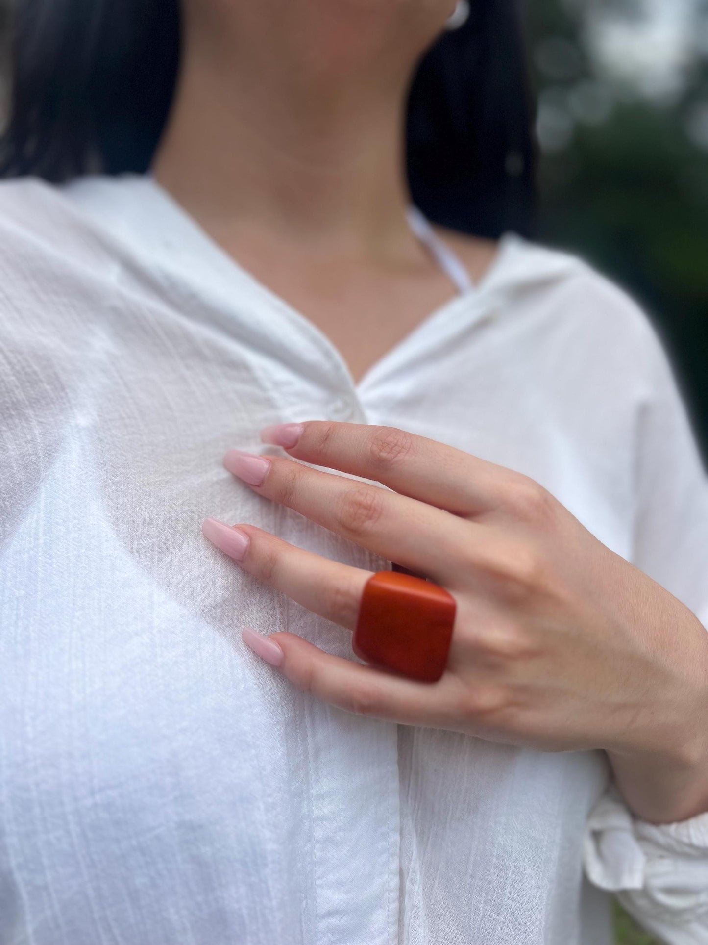 Terracotta statement ring Brown cocktail ring Tagua jewelry Handcrafted rings Big bold rings Thick band ring Art to wear Beaded ring designs