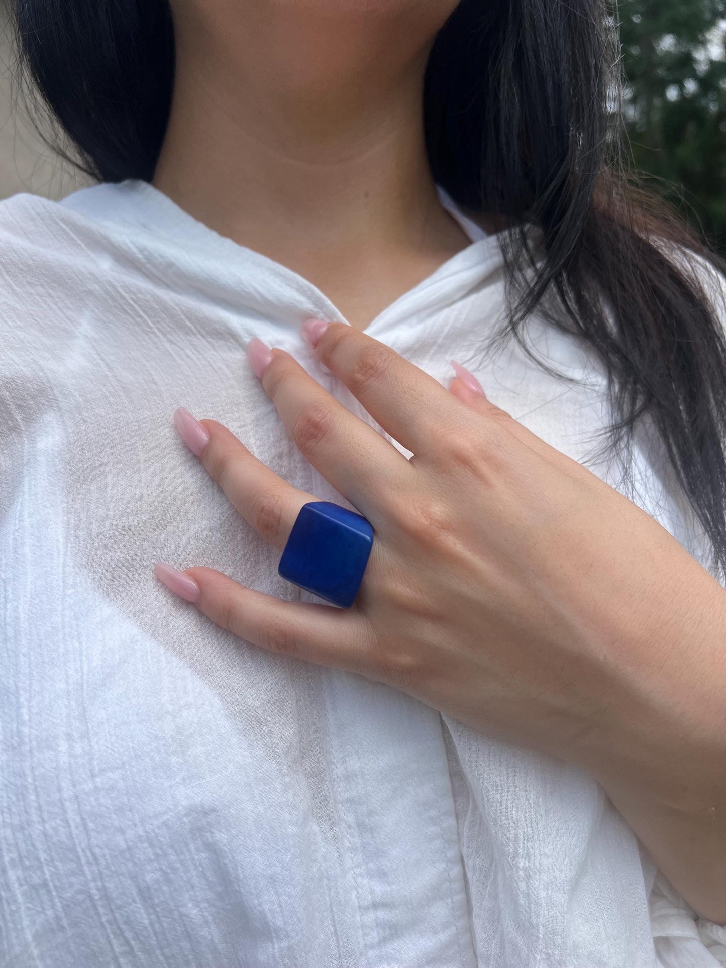 Blue Tagua ring Unusual fashion jewelry Fall style Big bold cocktail ring Statement ring aesthetic Wide band chunky ring Handmade beaded