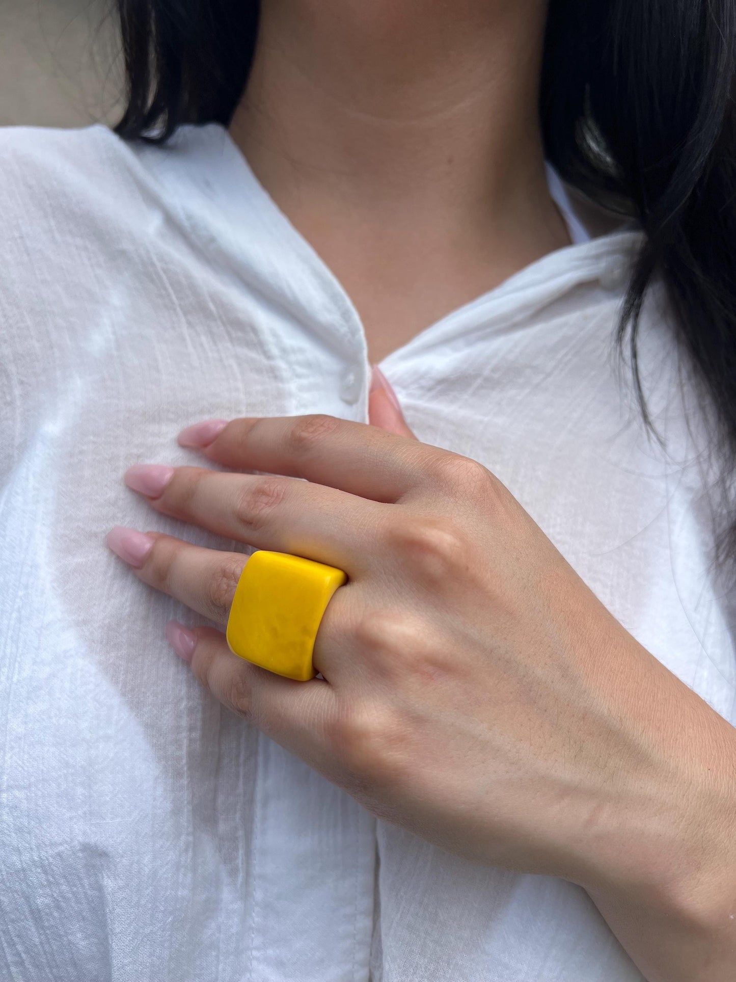 Big yellow ring Unisex oversized rings Tagua jewelry Geometric square ring Wearable art Statement cuff ring Fashion ring thick band Handmade