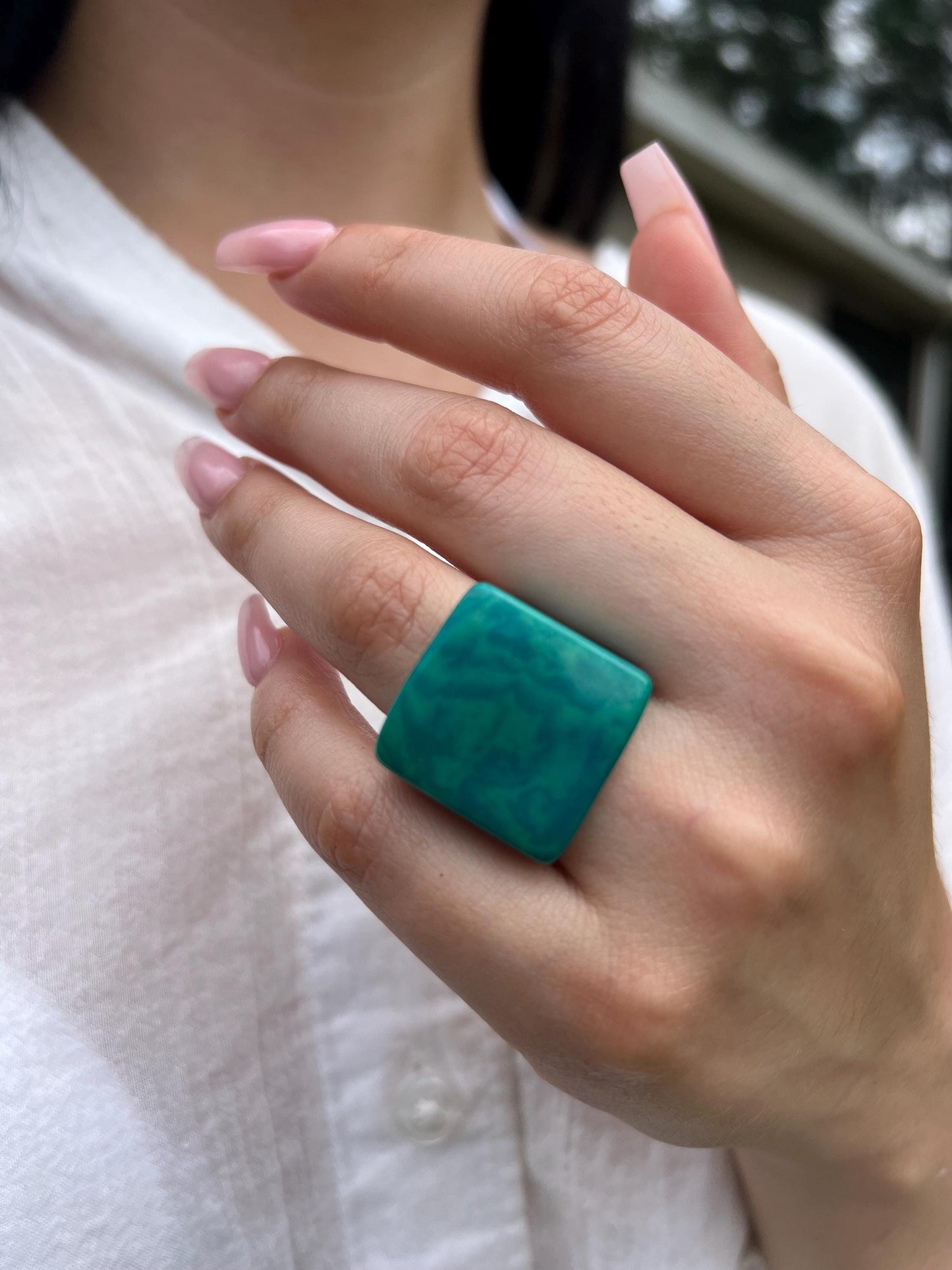 Teal statement ring Cocktail rings Tagua jewelry Fashion rings Wide band statement ring Beachy rings Wearable art Bold rings Fall fashion