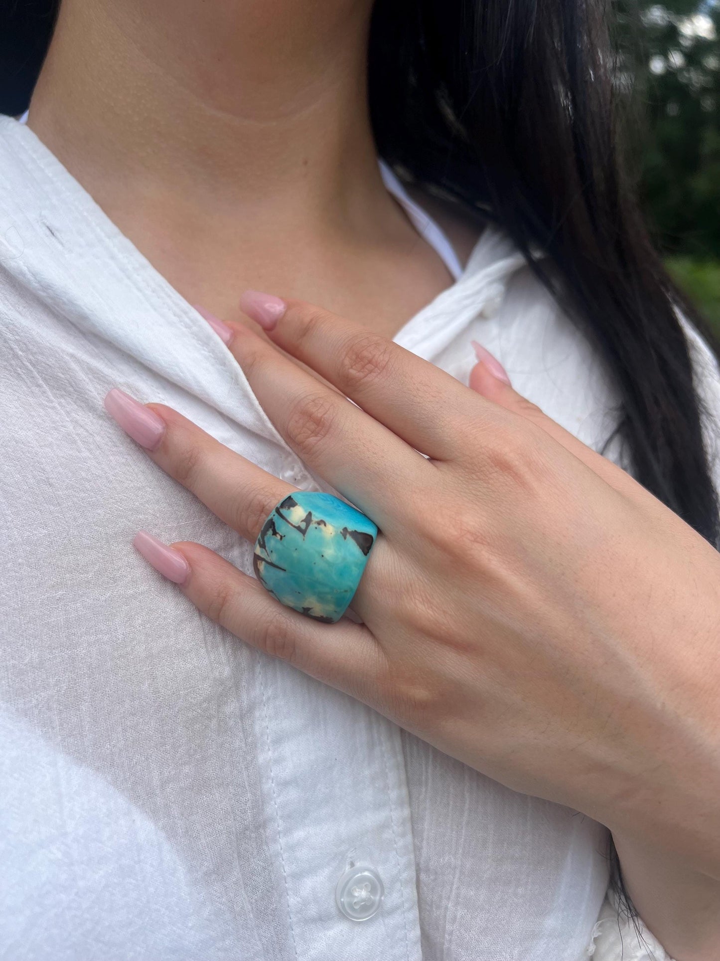 Turquoise statement cocktail ring Tagua Rings Big bold dramatic ring Oversized Fashion ring Elegant chunky ring Hand carved ring Art to wear