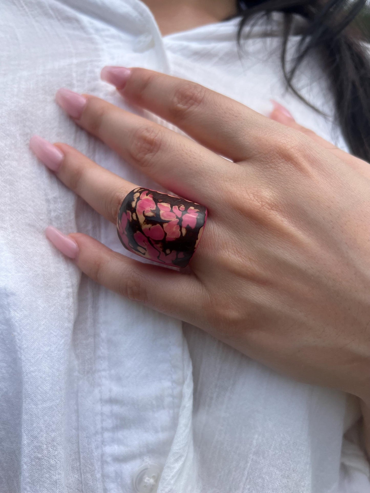 Hot pink statement ring Tagua nut jewelry Cocktail rings Wide band ring