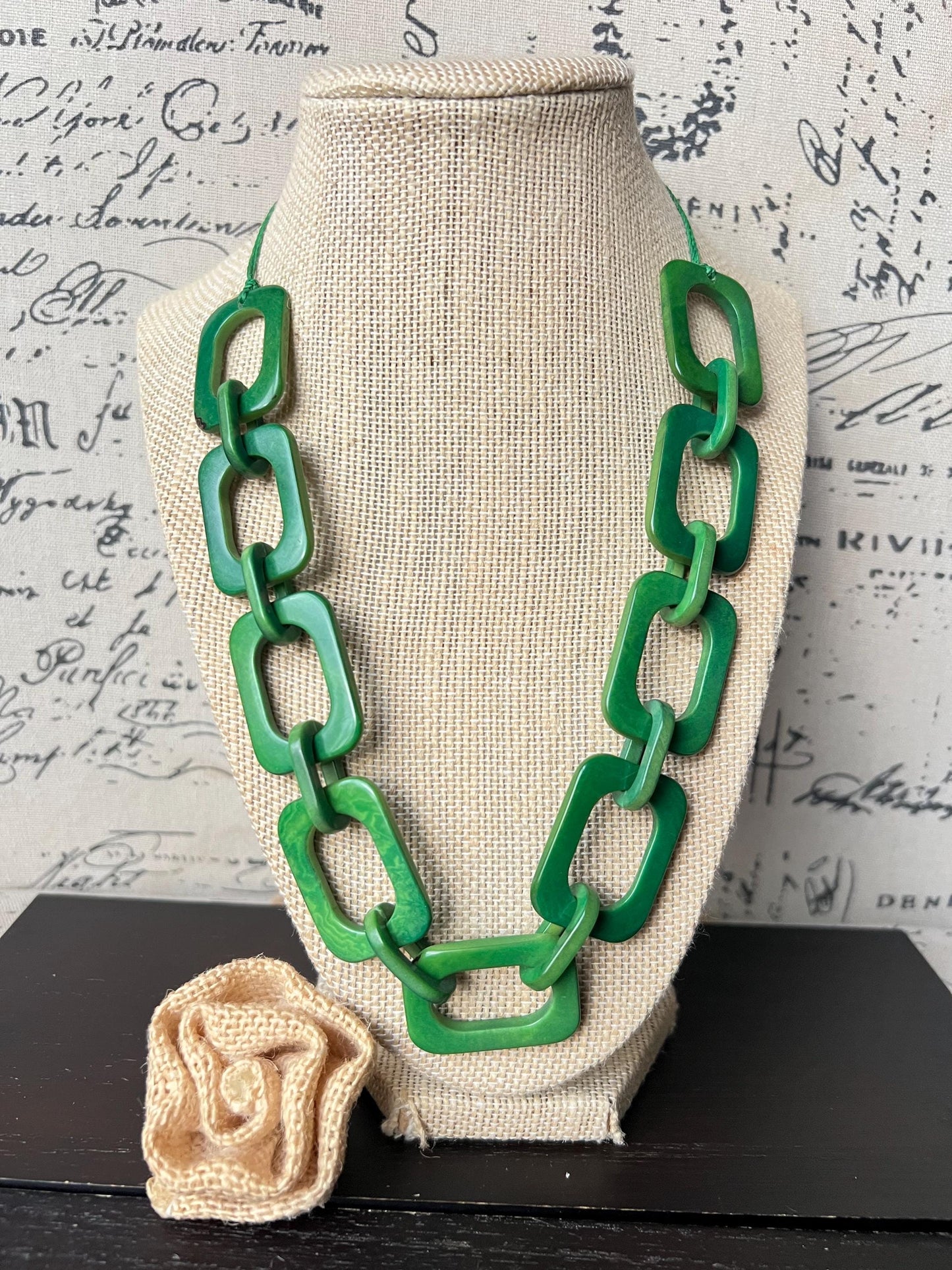 Green chunky chain link necklace Adjustable cord Tagua jewelry Oversized beaded collar Geometric necklace Fall fashion Wearable art