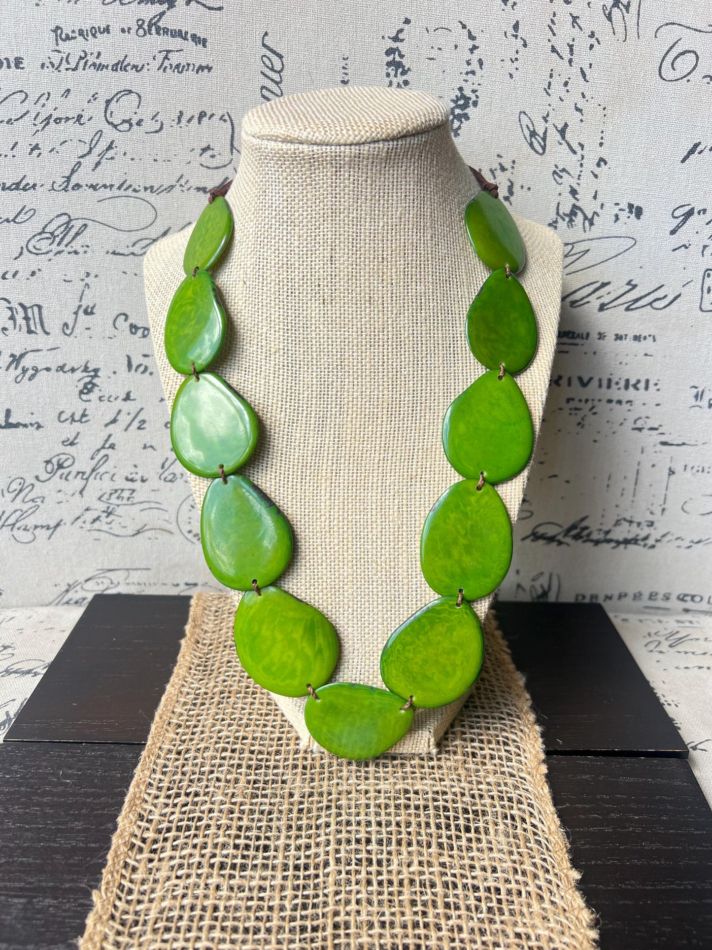 Green simple necklace Tagua nut jewelry Statement necklace with adjustable cord Wearable art Fall fashion Handmade beaded necklace