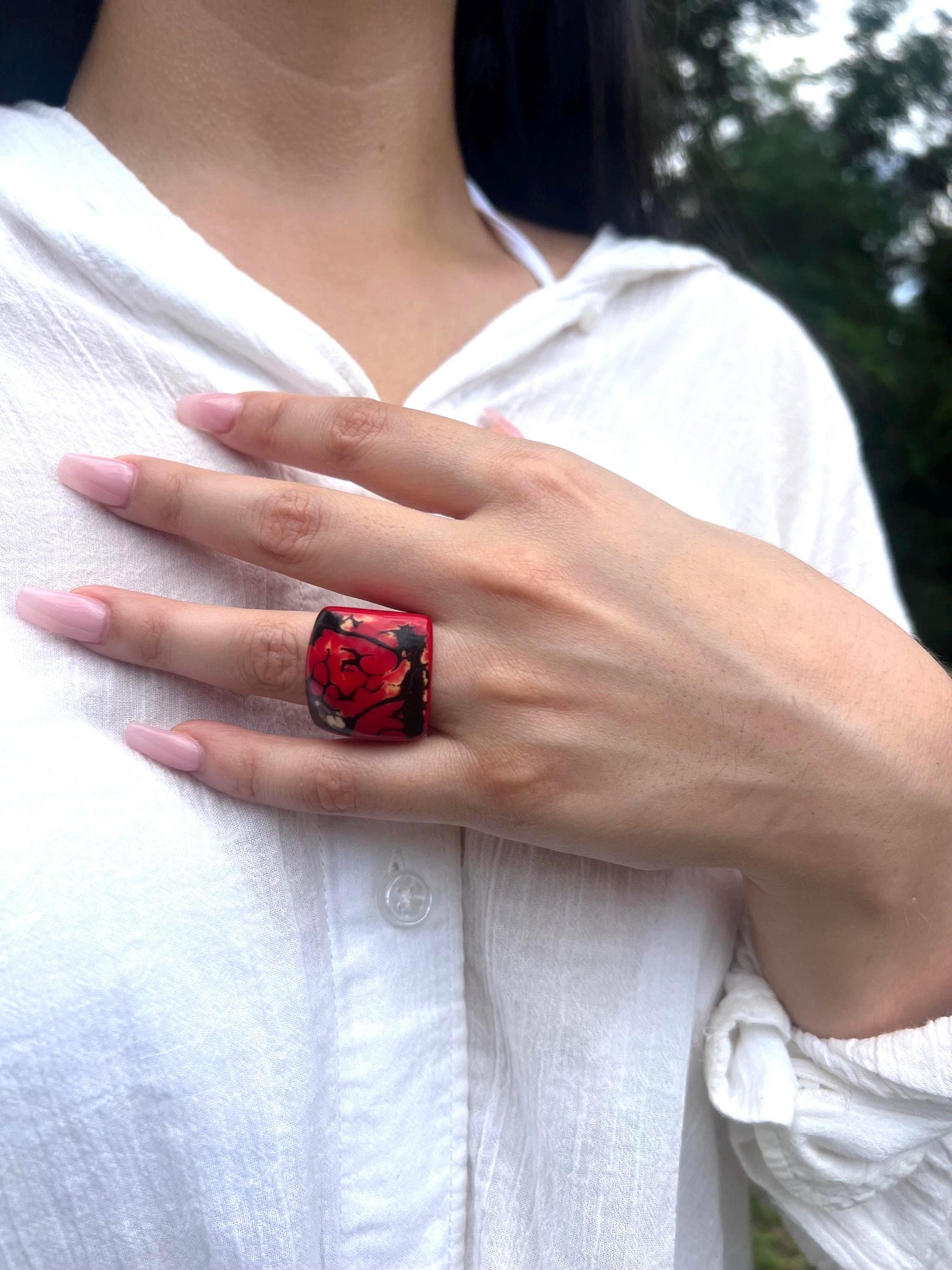 Red statement Tagua nut Ring Unusual jewelry Big cocktail ring Large geometric Artisan handmade beads Oversized fashion woman ring For Beach