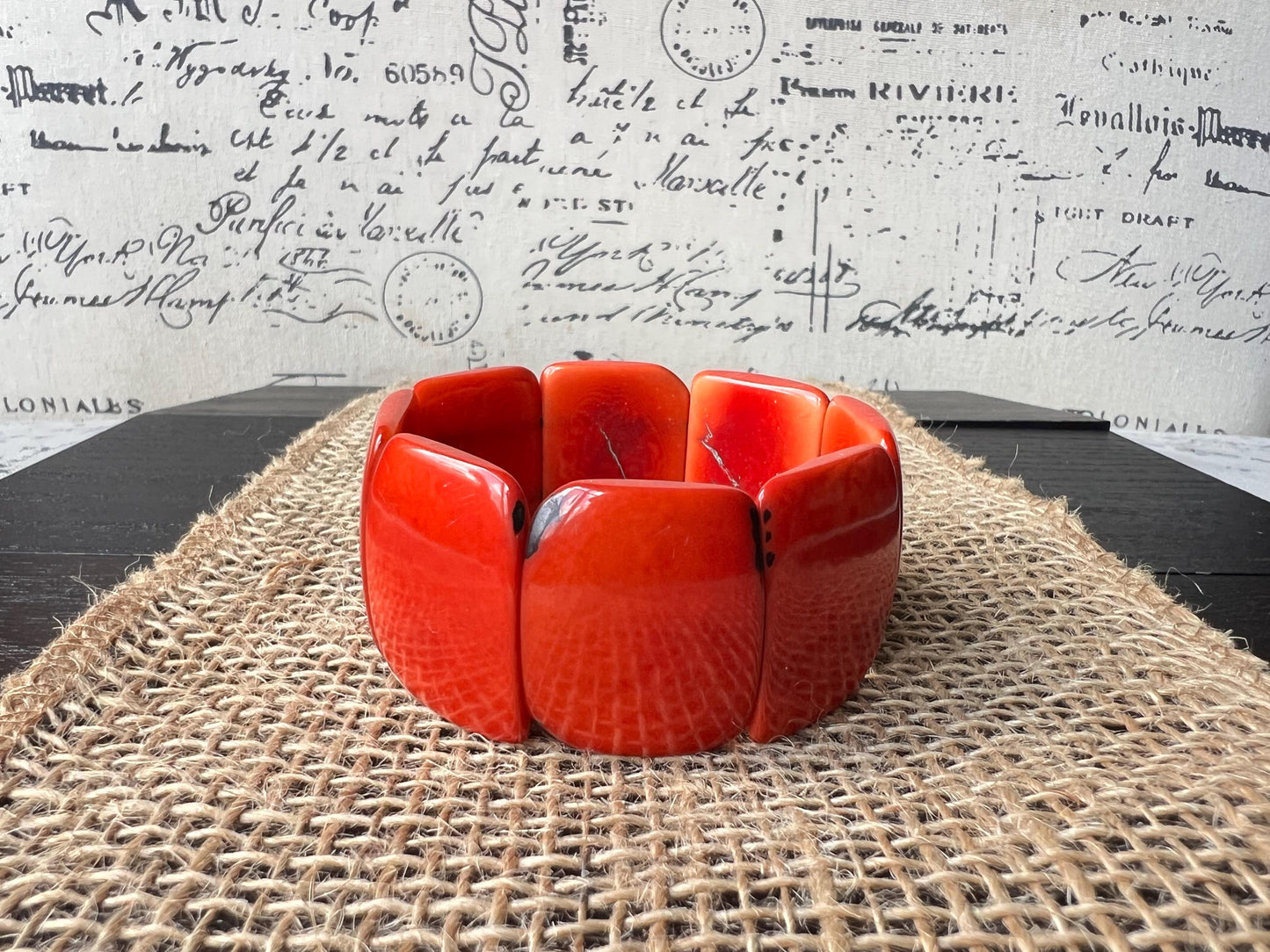 Orange statement bracelet Tagua jewelry Elastic stretch bracelet Big bead bracelet Fall fashion Wearable art Geometric square beads