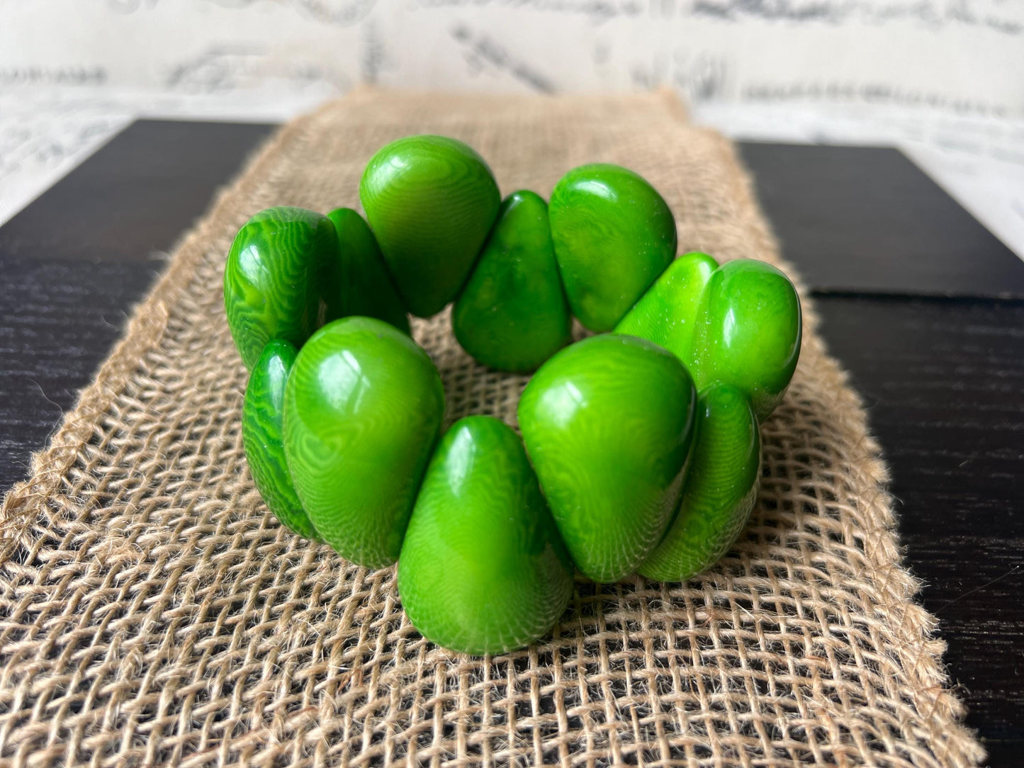 Green chunky bracelet Tagua jewelry Big bracelet for women Raindrop bracelet Statement bangle Art to wear Elastic stretch chunky bracelet