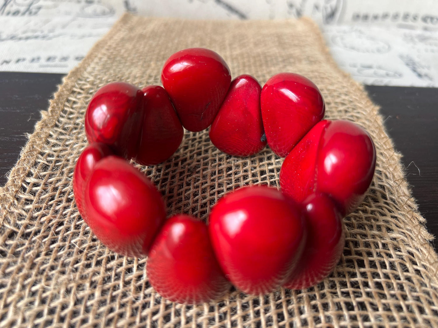 Red statement bracelet Tagua jewelry Wearable art Big bracelet for women Raindrop bracelet Art to wear Elastic stretch chunky bracelet