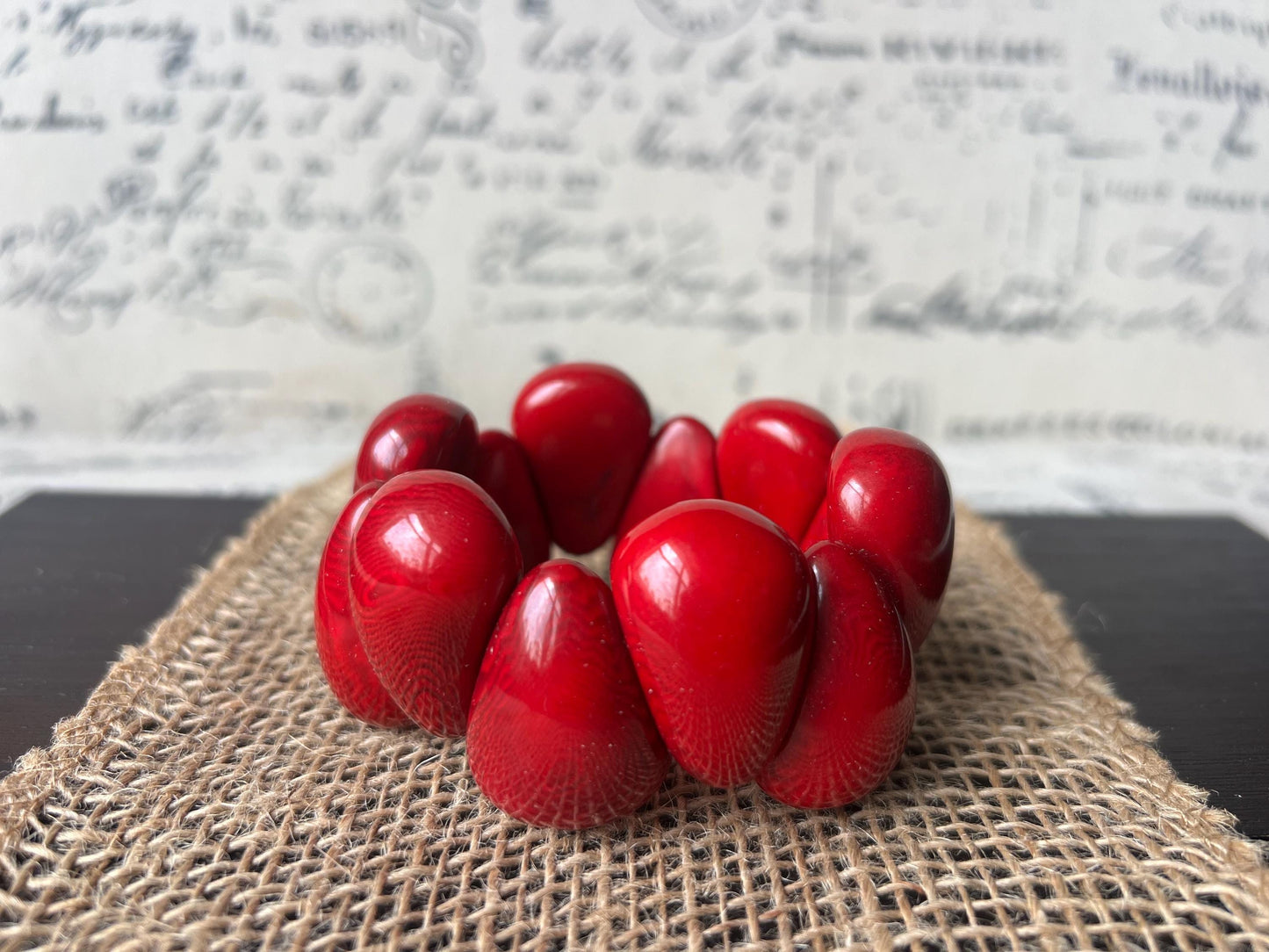 Red statement bracelet Tagua jewelry Wearable art Big bracelet for women Raindrop bracelet Art to wear Elastic stretch chunky bracelet