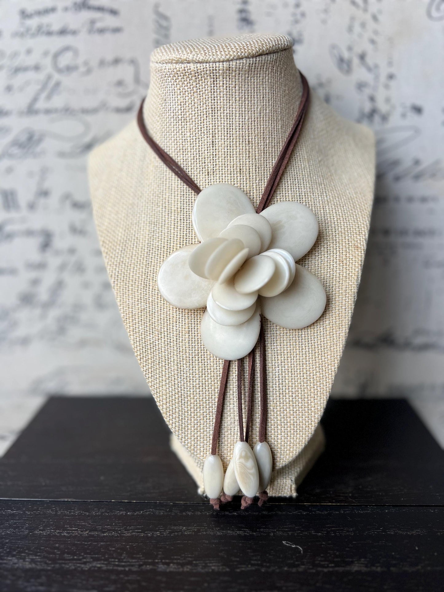 Ivory white flower pendant necklace Adjustable cord 14 year wedding anniversary gifts for wife Fall fashion Wearable art Tagua jewelry