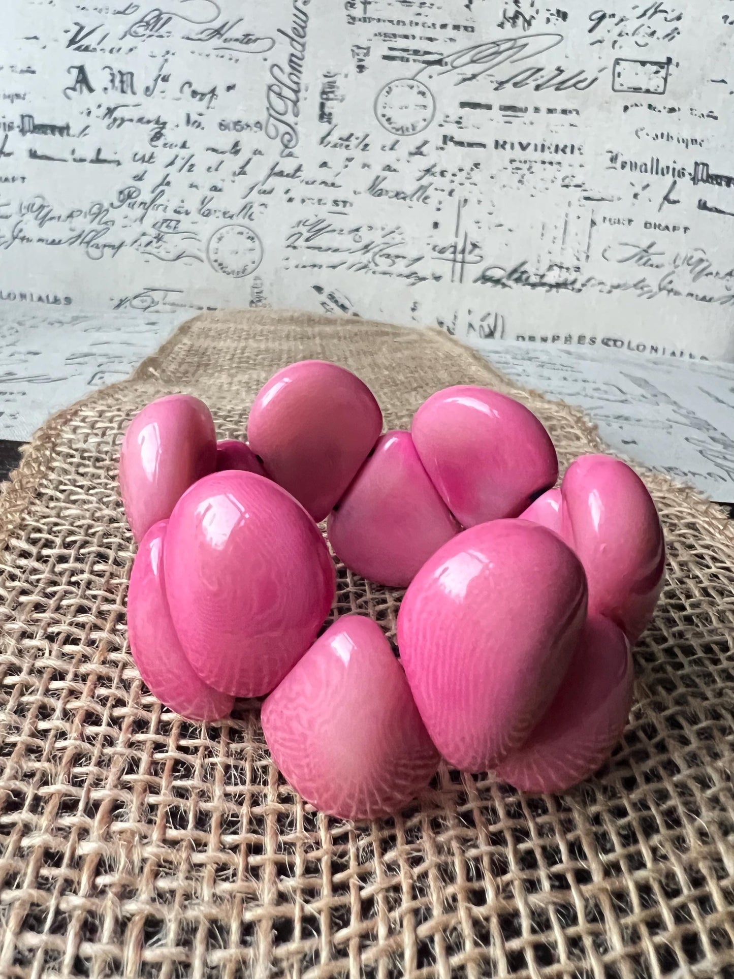 Pink statement bracelet Tagua jewelry Big bracelet for women Raindrop bracelet Fall fashion Art to wear Elastic stretch chunky bracelet