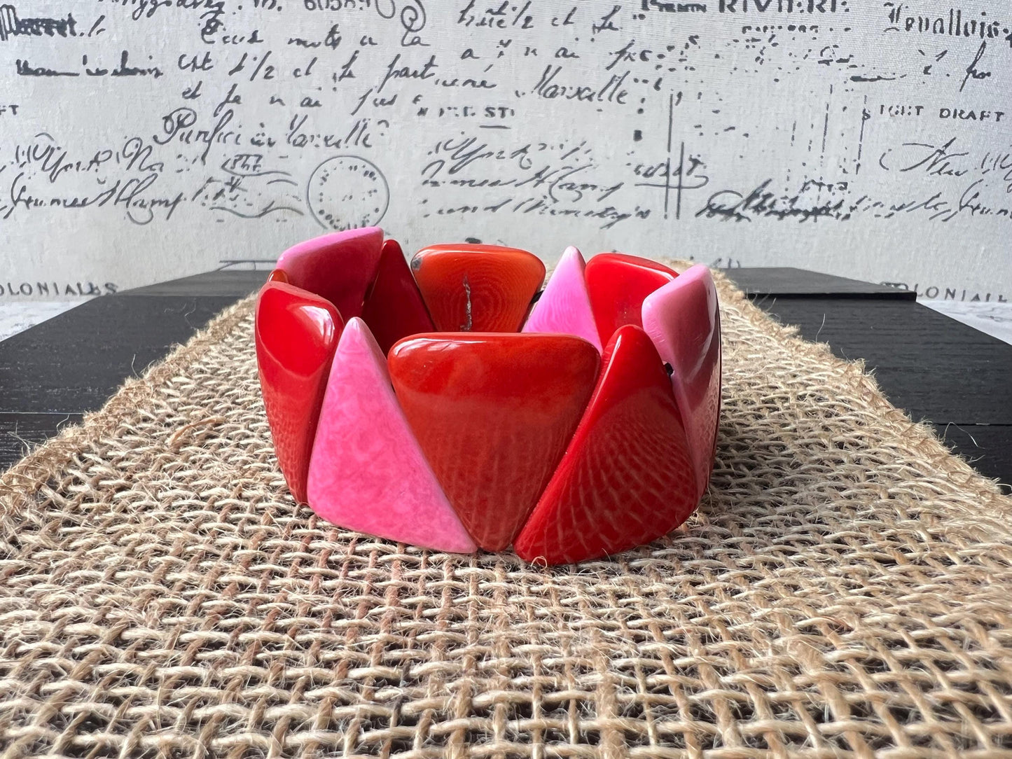 Red orange and pink Tagua bracelet Beaded stretch bangle Adjustable bracelet Huge statement bangle Fall fashion Wearable art Beach wear