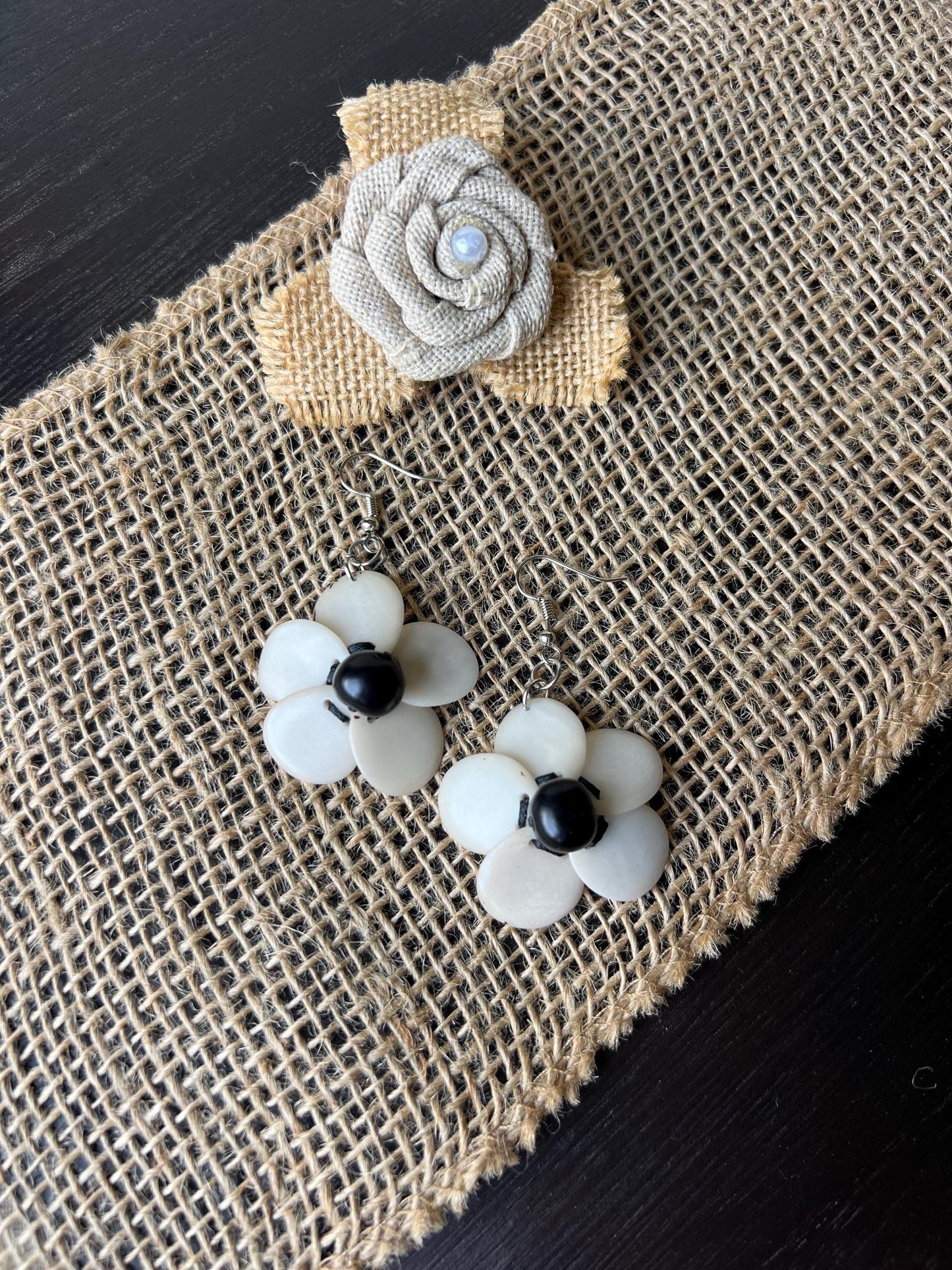 Black and white flower beaded earrings Tagua earrings Handmade statement earrings Dangle earrings Wearable art Fall fashion Elegant earrings
