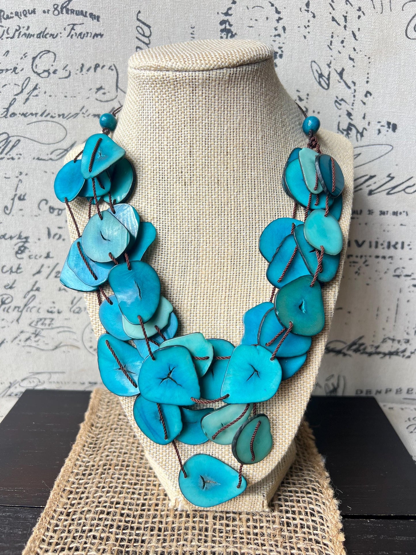 Turquoise blue multi layer necklace Tagua jewelry Big bold necklaces Adjustable cord Triple strand statement necklace Artsy gifts Fall trend