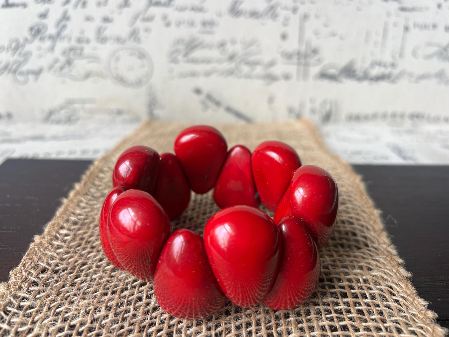 Red statement bracelet Tagua jewelry Wearable art Big bracelet for women Raindrop bracelet Art to wear Elastic stretch chunky bracelet
