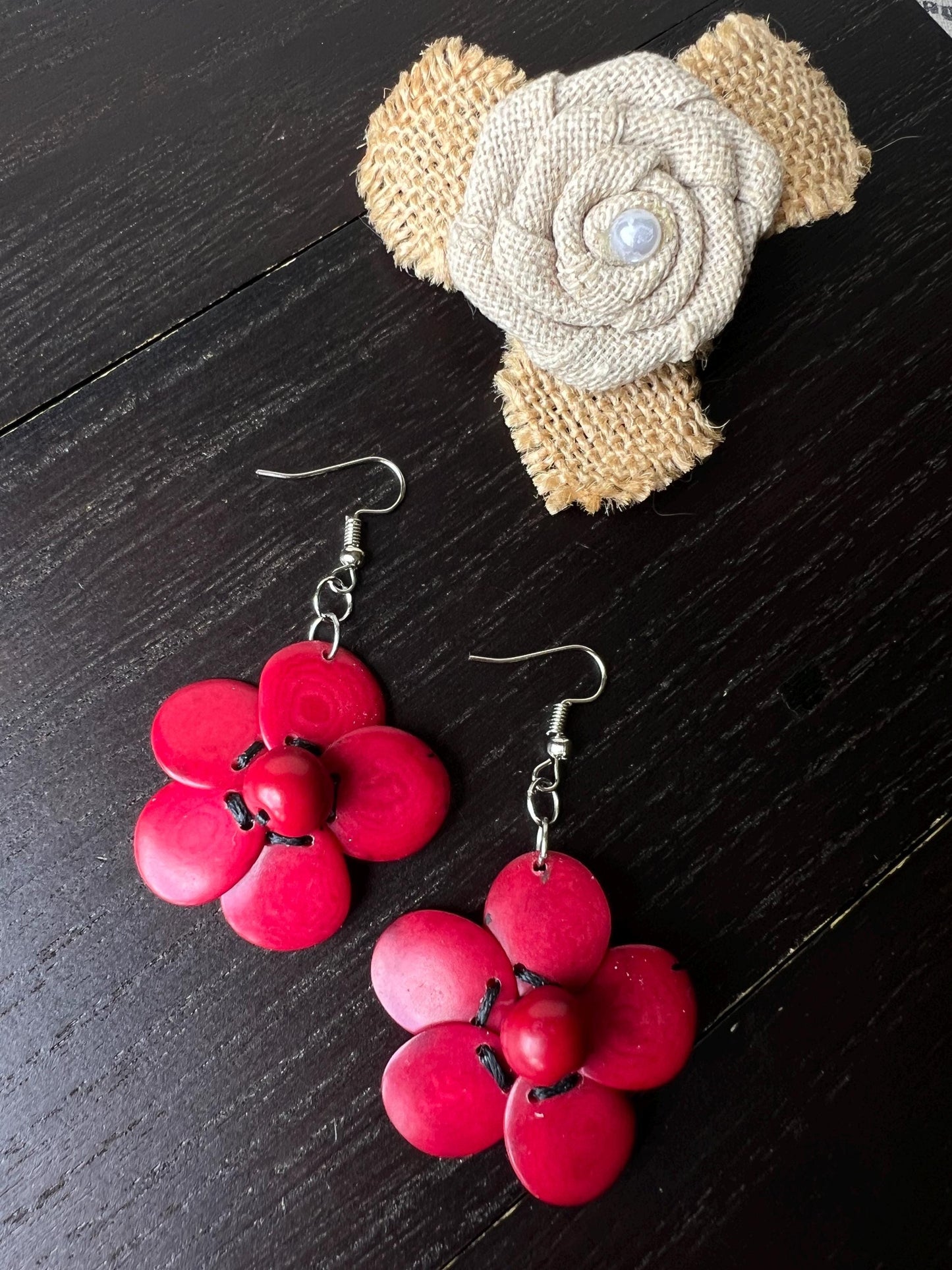 Red flower beaded earrings Tagua earrings Handmade statement earrings with hypoallergenic hooks Dangle earrings Wearable art Fall fashion