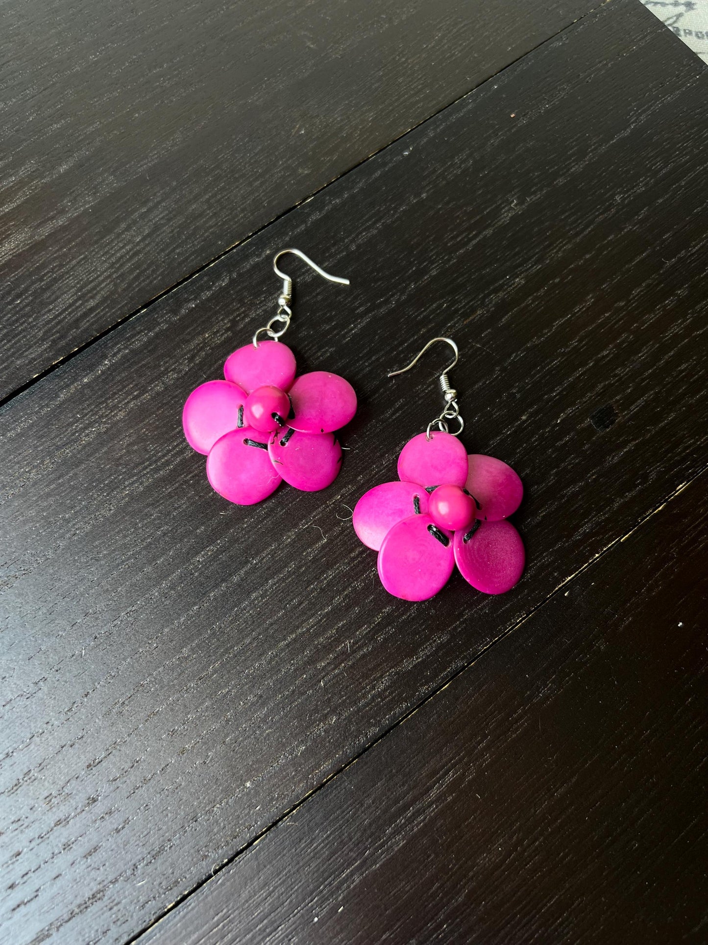 Hot pink flower beaded earrings Tagua earrings Handmade statement earrings Dangle earrings Wearable art Fall fashion Hypoallergenic earrings