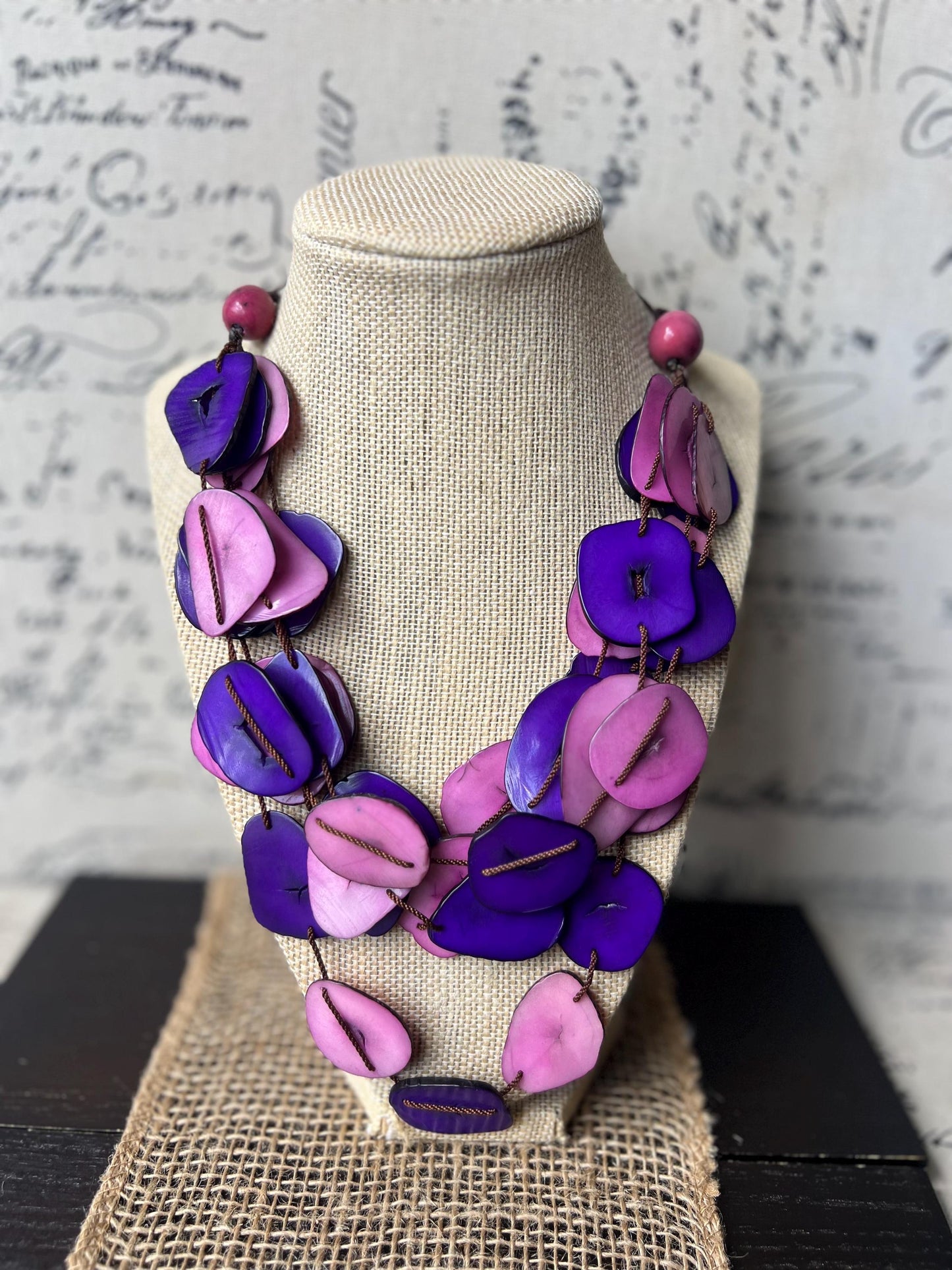 Purple and pink multi layer necklace Tagua jewelry Big bold necklaces Adjustable cord Statement necklace for women Wearable art Fall fashion