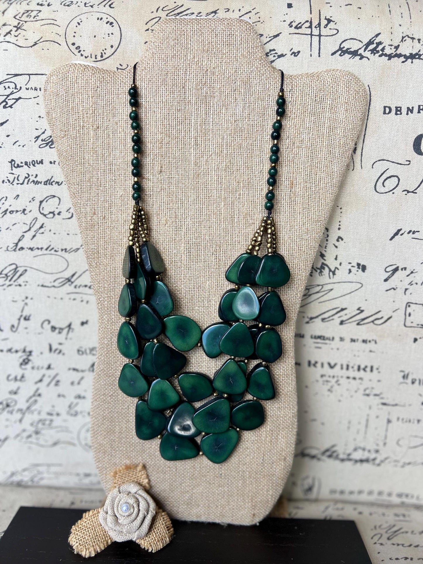 Dark green waterfall necklace Tagua jewelry Big bold necklaces Multi layer beaded necklace Fall Fashion Holidays trends Statement necklace