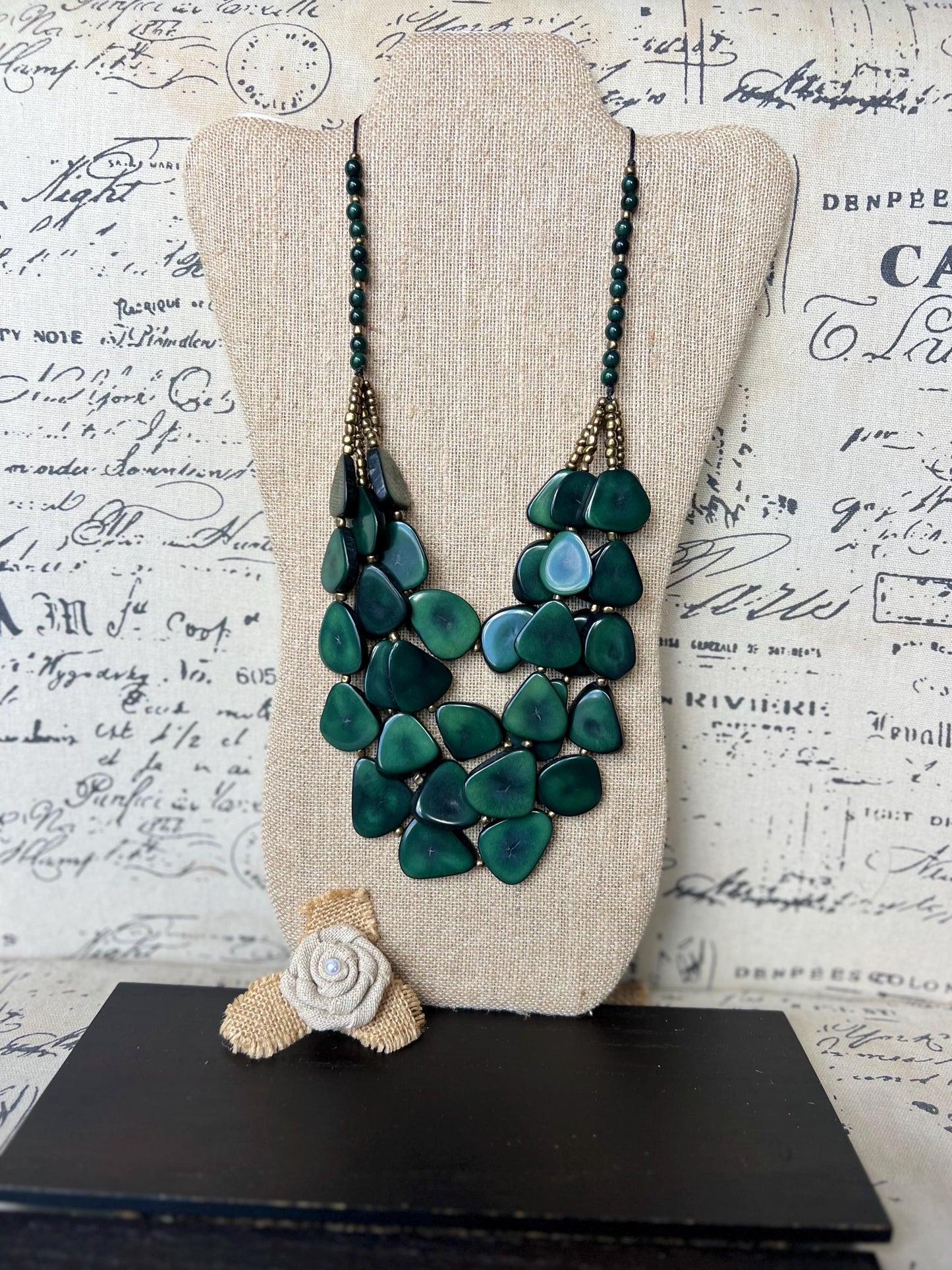 Dark green waterfall necklace Tagua jewelry Big bold necklaces Multi layer beaded necklace Fall Fashion Holidays trends Statement necklace