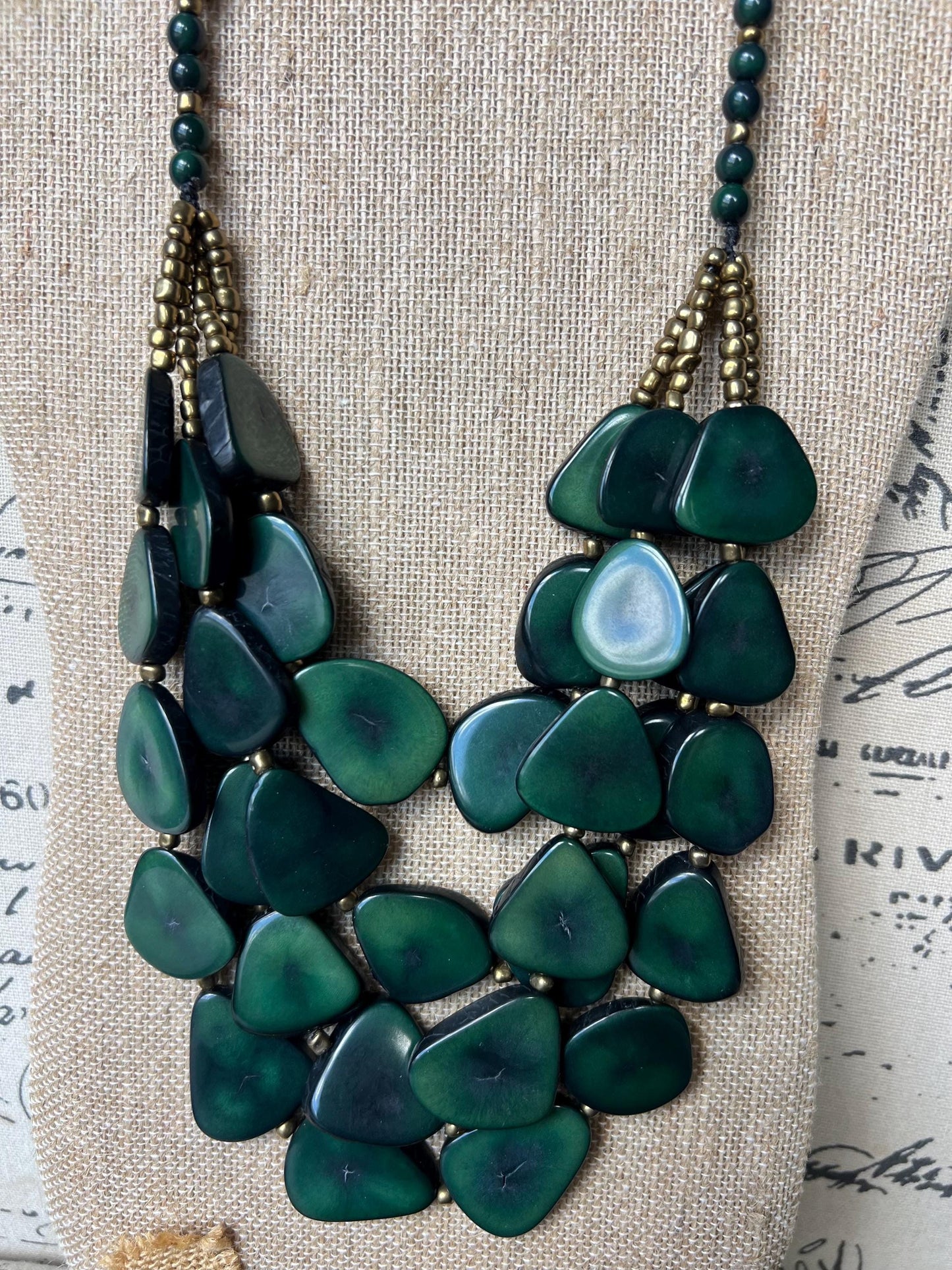 Dark green waterfall necklace Tagua jewelry Big bold necklaces Multi layer beaded necklace Fall Fashion Holidays trends Statement necklace