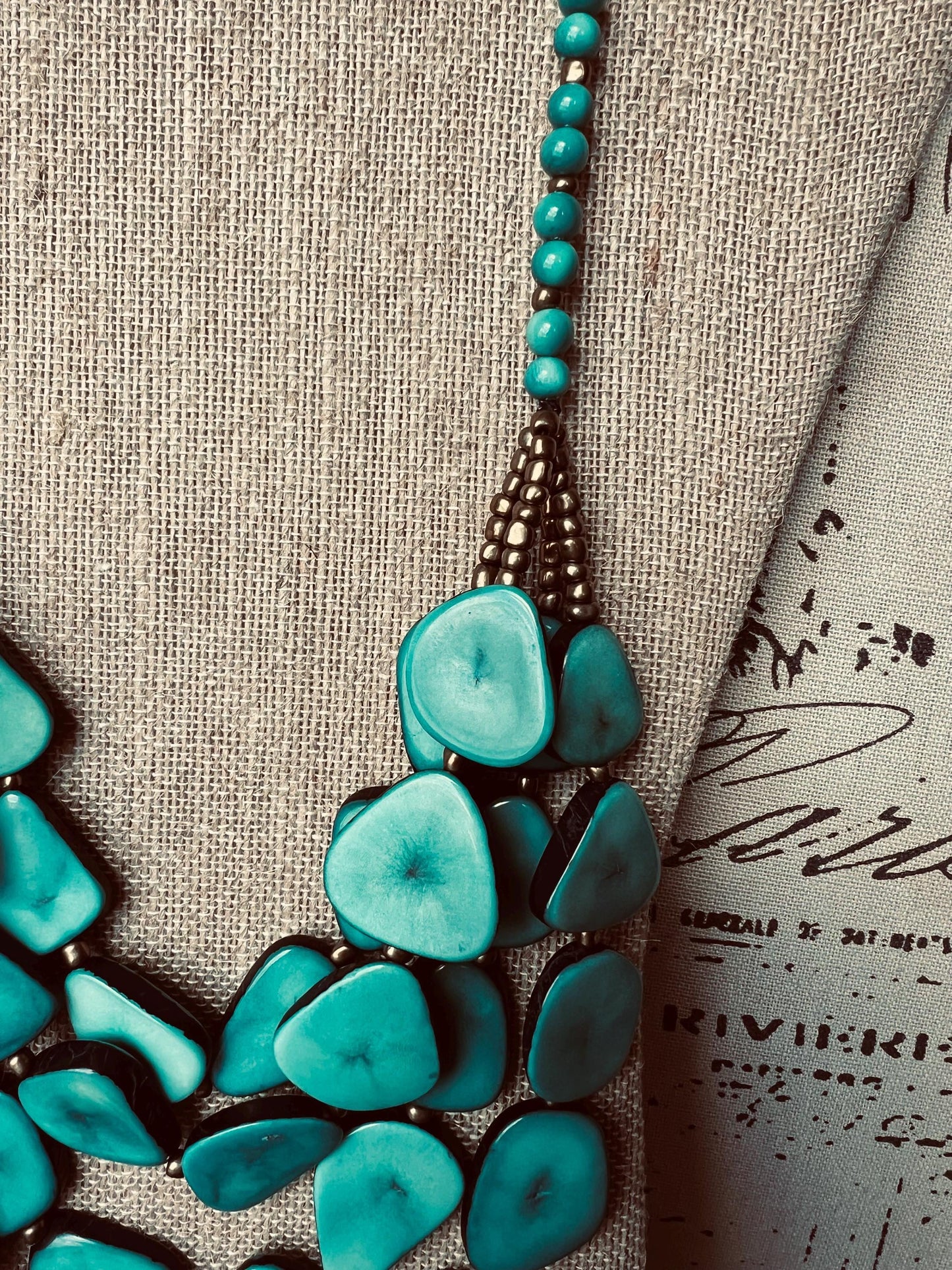 Turquoise green statement necklace Adjustable cord Tagua jewelry Big bold necklaces Multi layer beaded necklace Wearable art Fall fashion