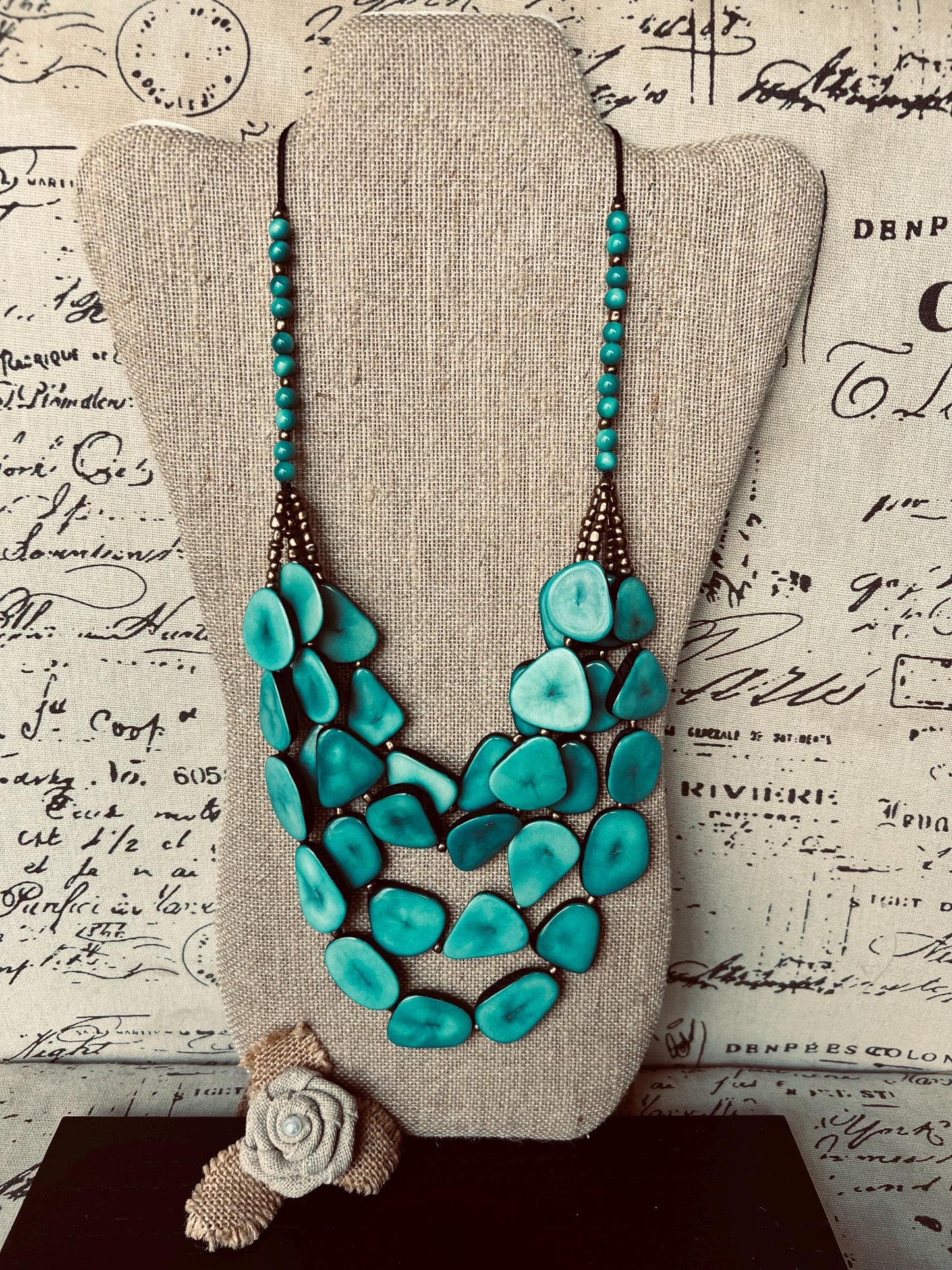 Turquoise green statement necklace Adjustable cord Tagua jewelry Big bold necklaces Multi layer beaded necklace Wearable art Fall fashion