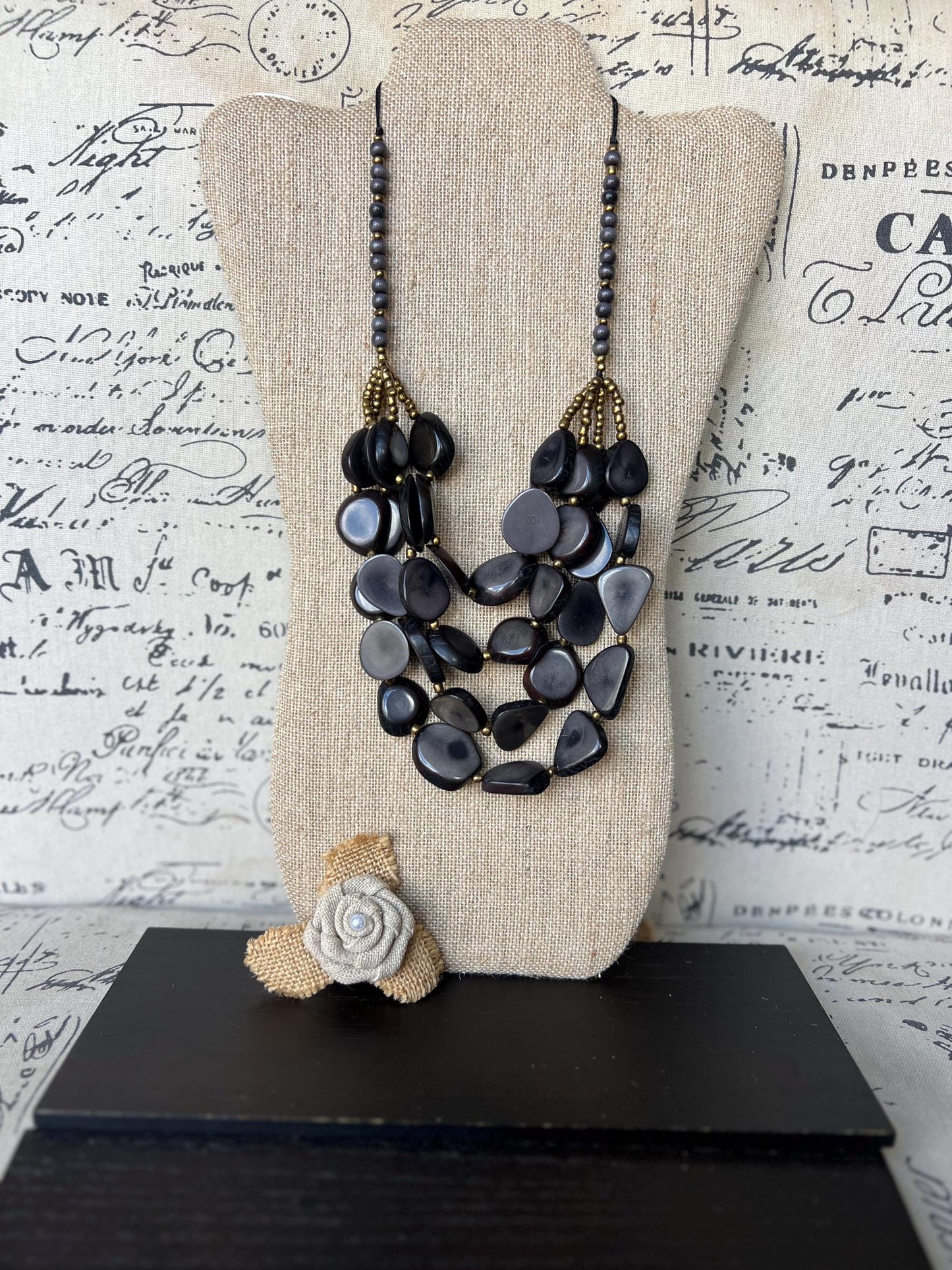 Gray multi layer statement necklace Tagua jewelry Big bold necklaces Adjustable cord Fashionable gifts Wearable art Fall fashion