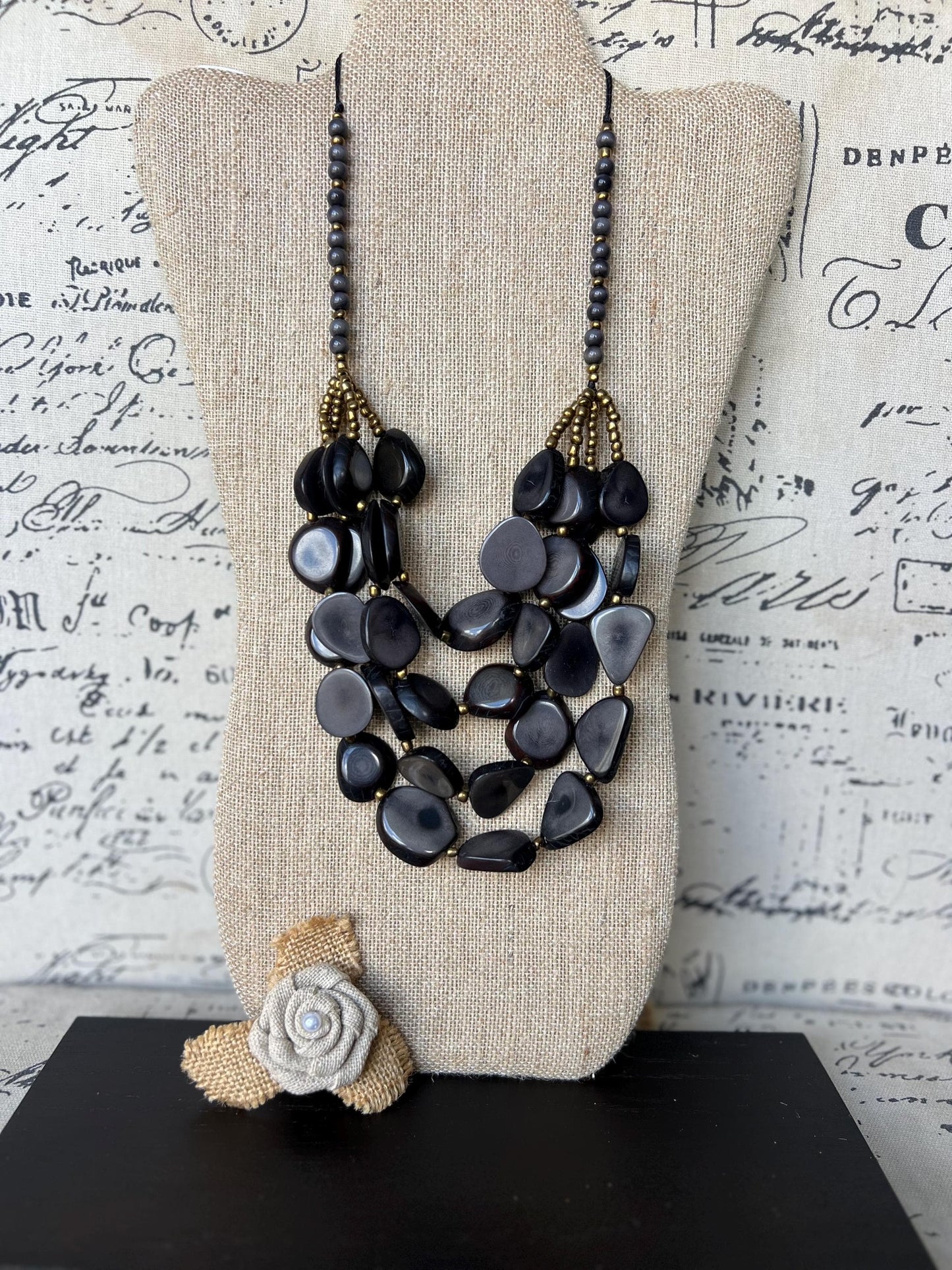 Gray multi layer statement necklace Tagua jewelry Big bold necklaces Adjustable cord Fashionable gifts Wearable art Fall fashion
