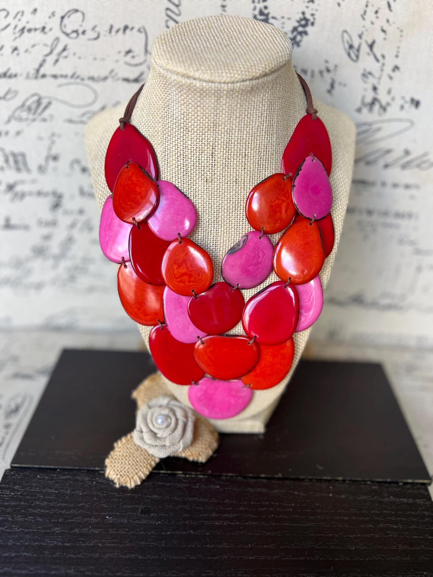 Pink orange and red multi layer beaded necklace Adjustable cord Tagua jewelry Big bold necklaces Wearable art Statement bead necklace