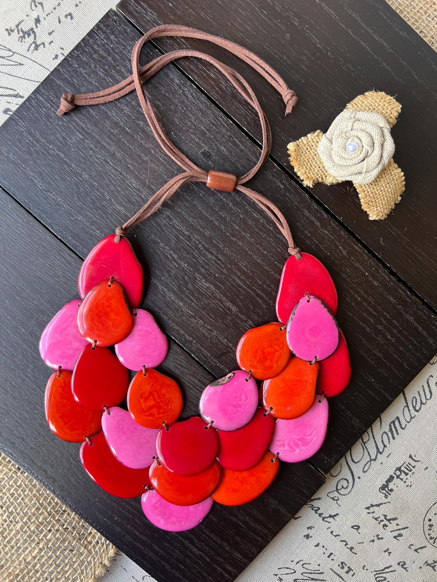 Pink orange and red multi layer beaded necklace Adjustable cord Tagua jewelry Big bold necklaces Wearable art Statement bead necklace