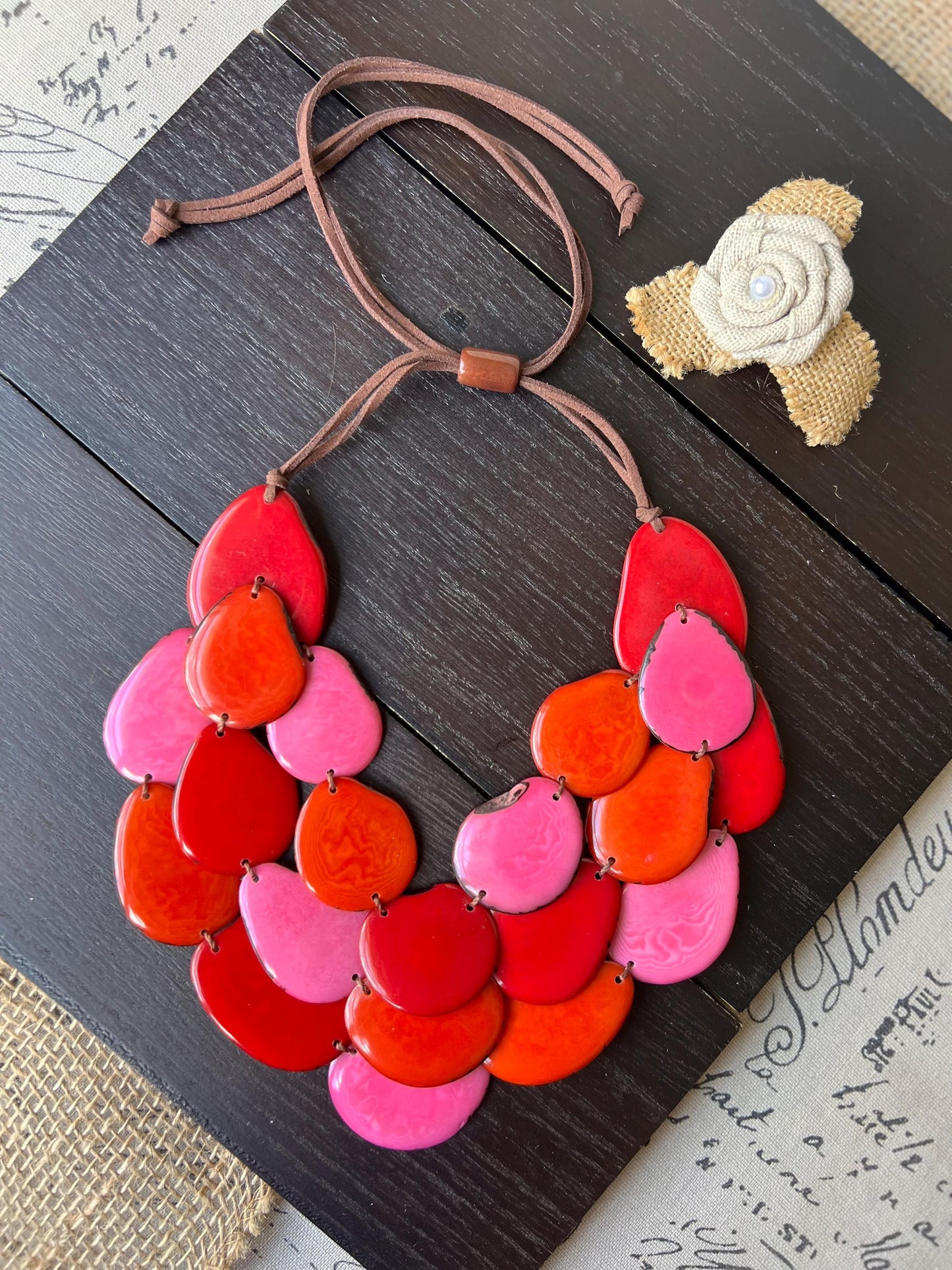 Pink orange and red multi layer beaded necklace Adjustable cord Tagua jewelry Big bold necklaces Wearable art Statement bead necklace