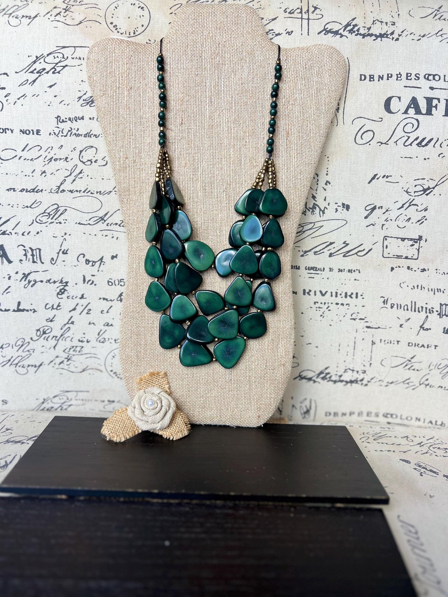 Dark green waterfall necklace Tagua jewelry Big bold necklaces Multi layer beaded necklace Fall Fashion Holidays trends Statement necklace