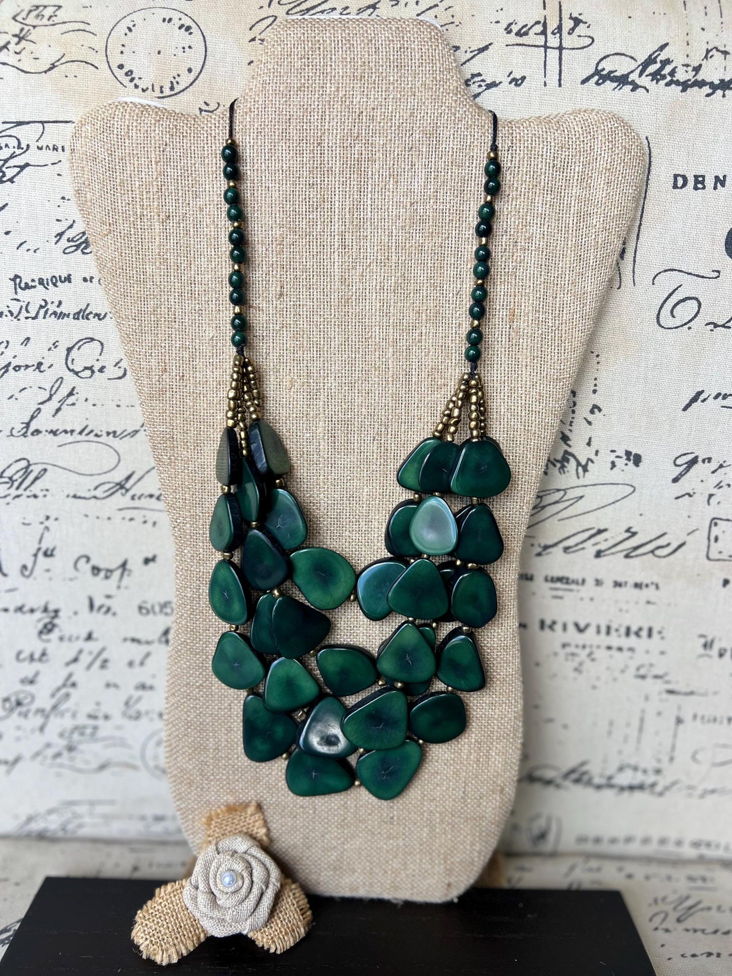 Dark green waterfall necklace Tagua jewelry Big bold necklaces Multi layer beaded necklace Fall Fashion Holidays trends Statement necklace