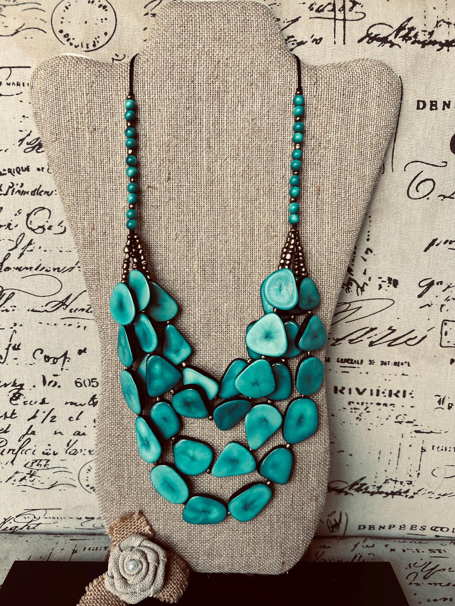 Turquoise green statement necklace Adjustable cord Tagua jewelry Big bold necklaces Multi layer beaded necklace Wearable art Fall fashion