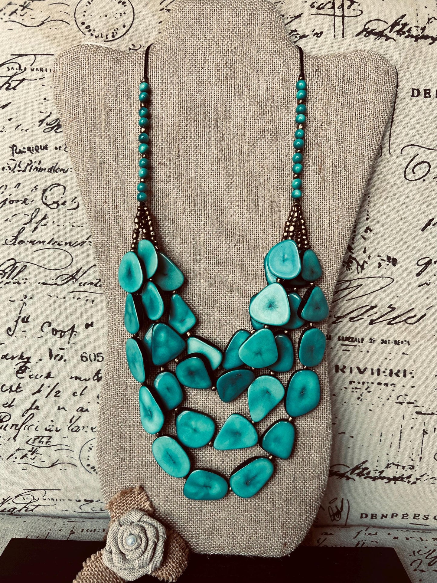 Turquoise green statement necklace Adjustable cord Tagua jewelry Big bold necklaces Multi layer beaded necklace Wearable art Fall fashion