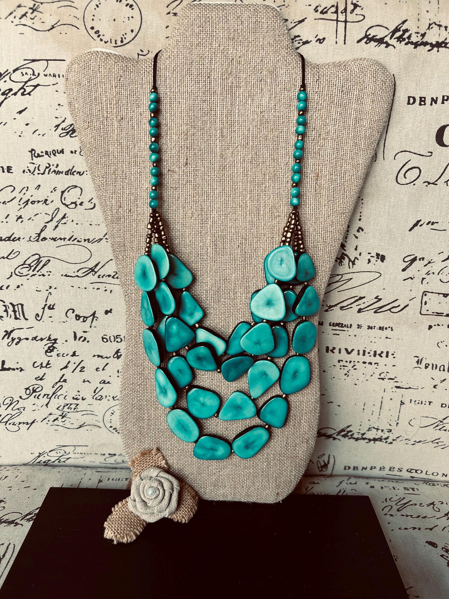 Turquoise green statement necklace Adjustable cord Tagua jewelry Big bold necklaces Multi layer beaded necklace Wearable art Fall fashion