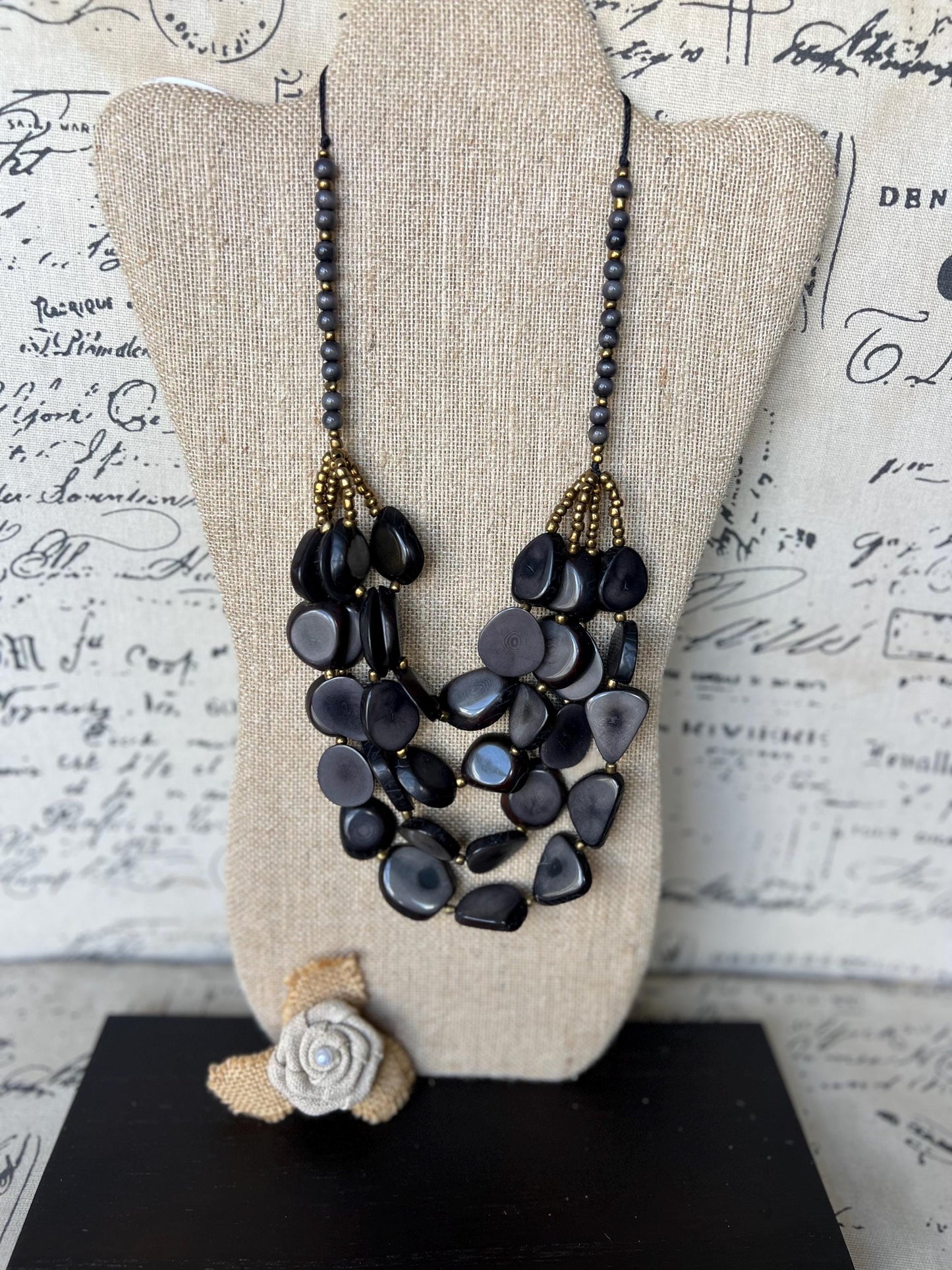 Gray multi layer statement necklace Tagua jewelry Big bold necklaces Adjustable cord Fashionable gifts Wearable art Fall fashion
