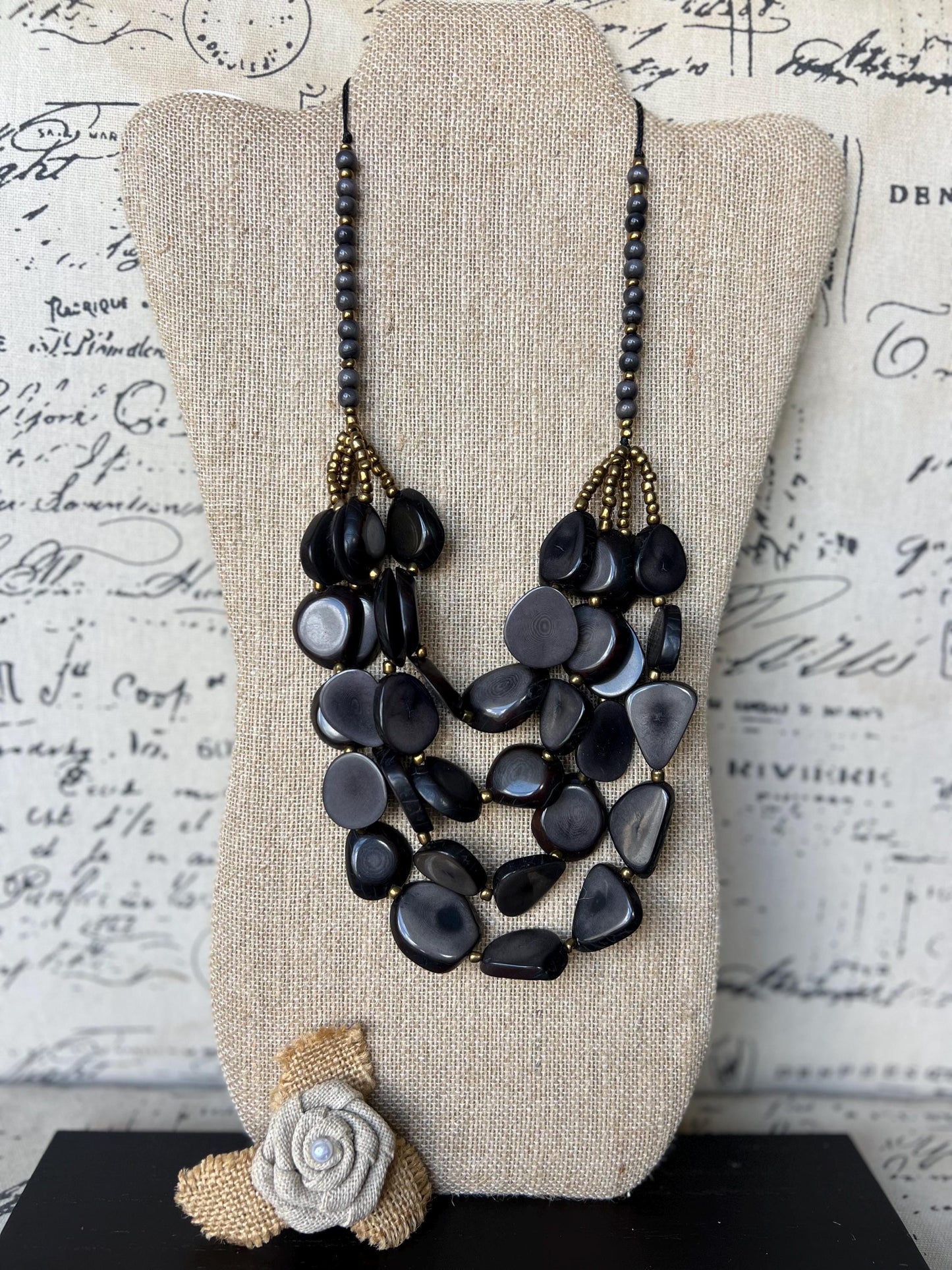 Gray multi layer statement necklace Tagua jewelry Big bold necklaces Adjustable cord Fashionable gifts Wearable art Fall fashion