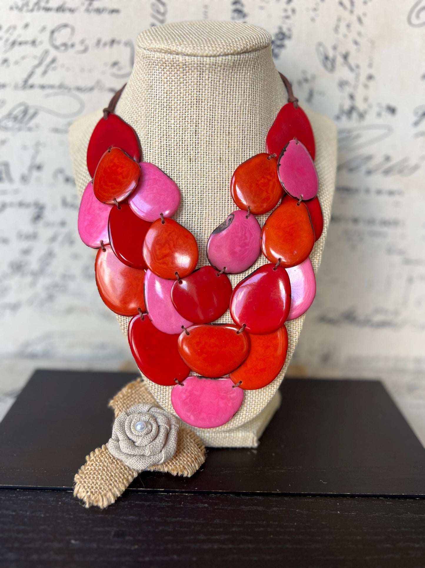 Pink orange and red multi layer beaded necklace Adjustable cord Tagua jewelry Big bold necklaces Wearable art Statement bead necklace