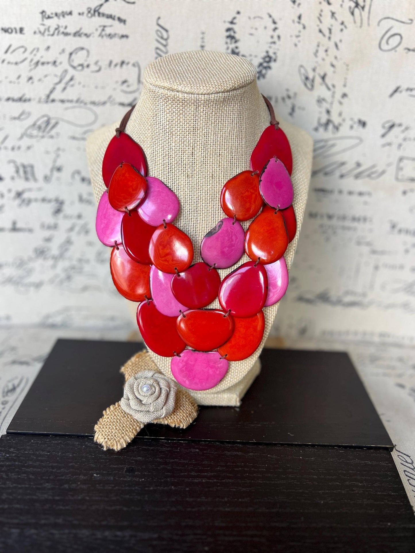 Pink orange and red multi layer beaded necklace Adjustable cord Tagua jewelry Big bold necklaces Wearable art Statement bead necklace