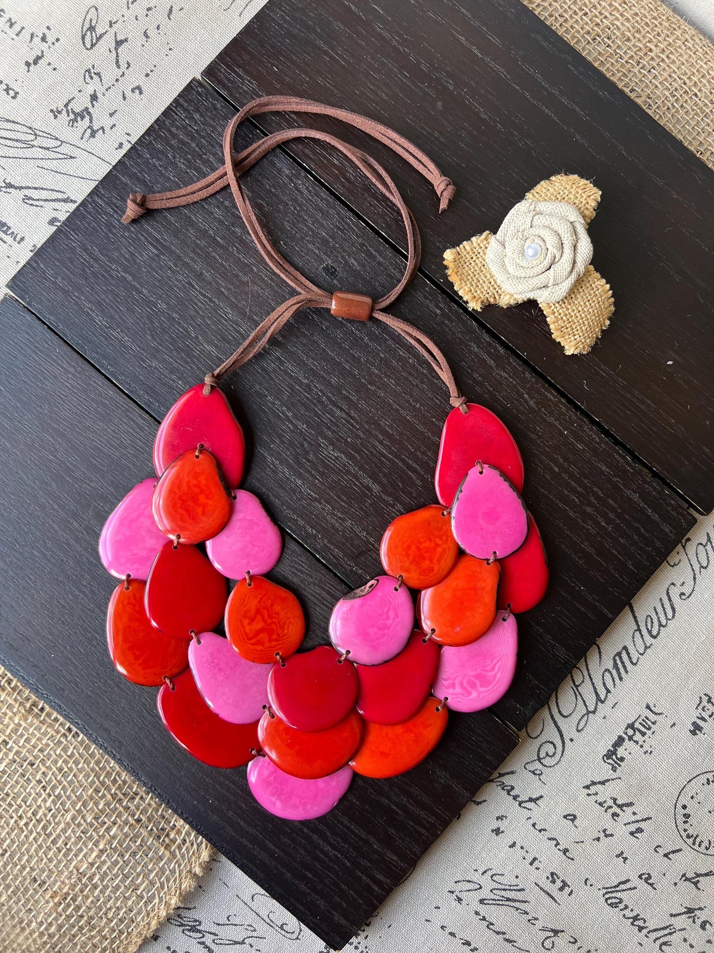 Pink orange and red multi layer beaded necklace Adjustable cord Tagua jewelry Big bold necklaces Wearable art Statement bead necklace