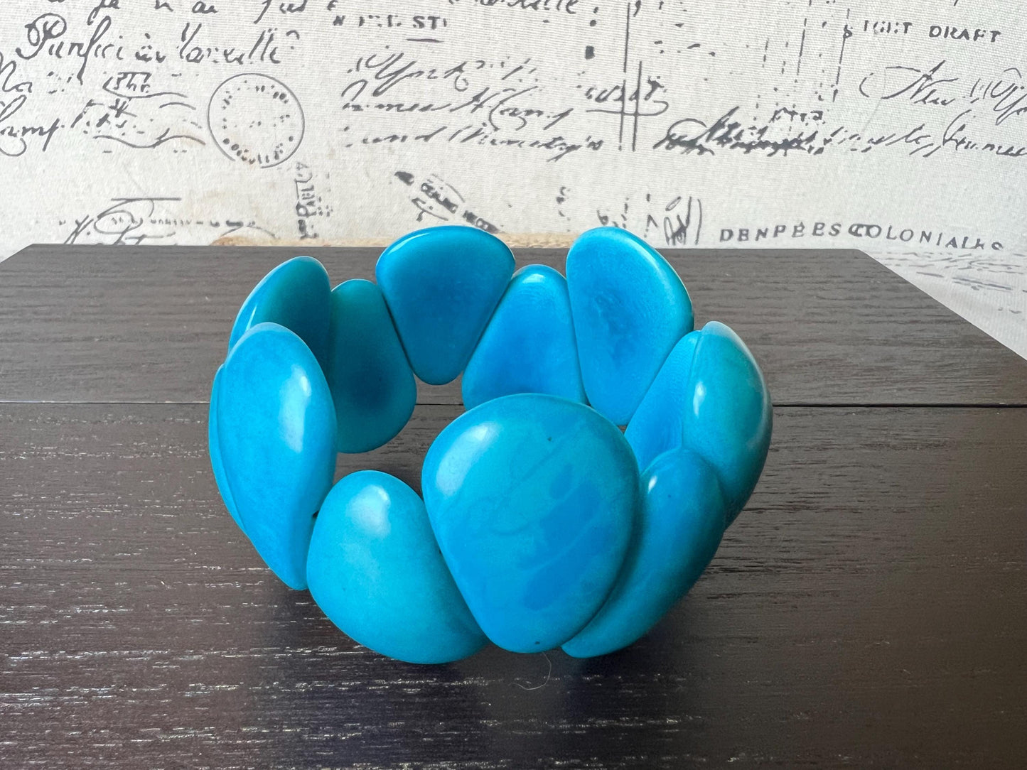Turquoise blue chunky bracelet Tagua jewelry Big bracelet for women Raindrop bracelet Statement bangle Art to wear Elastic stretch bracelet
